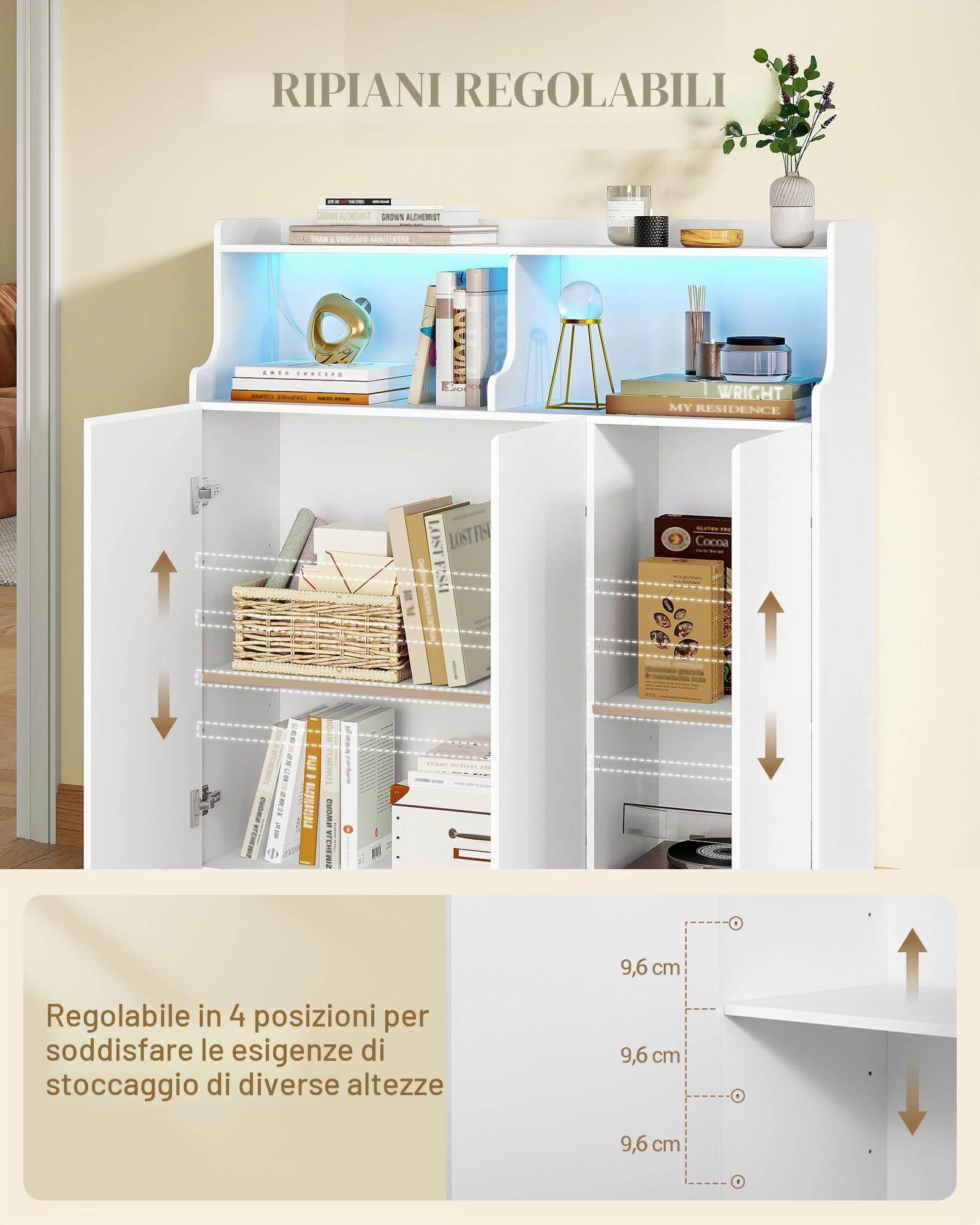 Hzuaneri Mobile Bagno, Luci LED Regolabili, 3 Anta, 2 Spazio Aperto, Ripiani Regolabili, Grande Capacità di Stoccaggio, Moderno, per Soggiorno o Bagno, Dimensioni, 30 x 100 x 107 cm, Bianco 5210003XEU