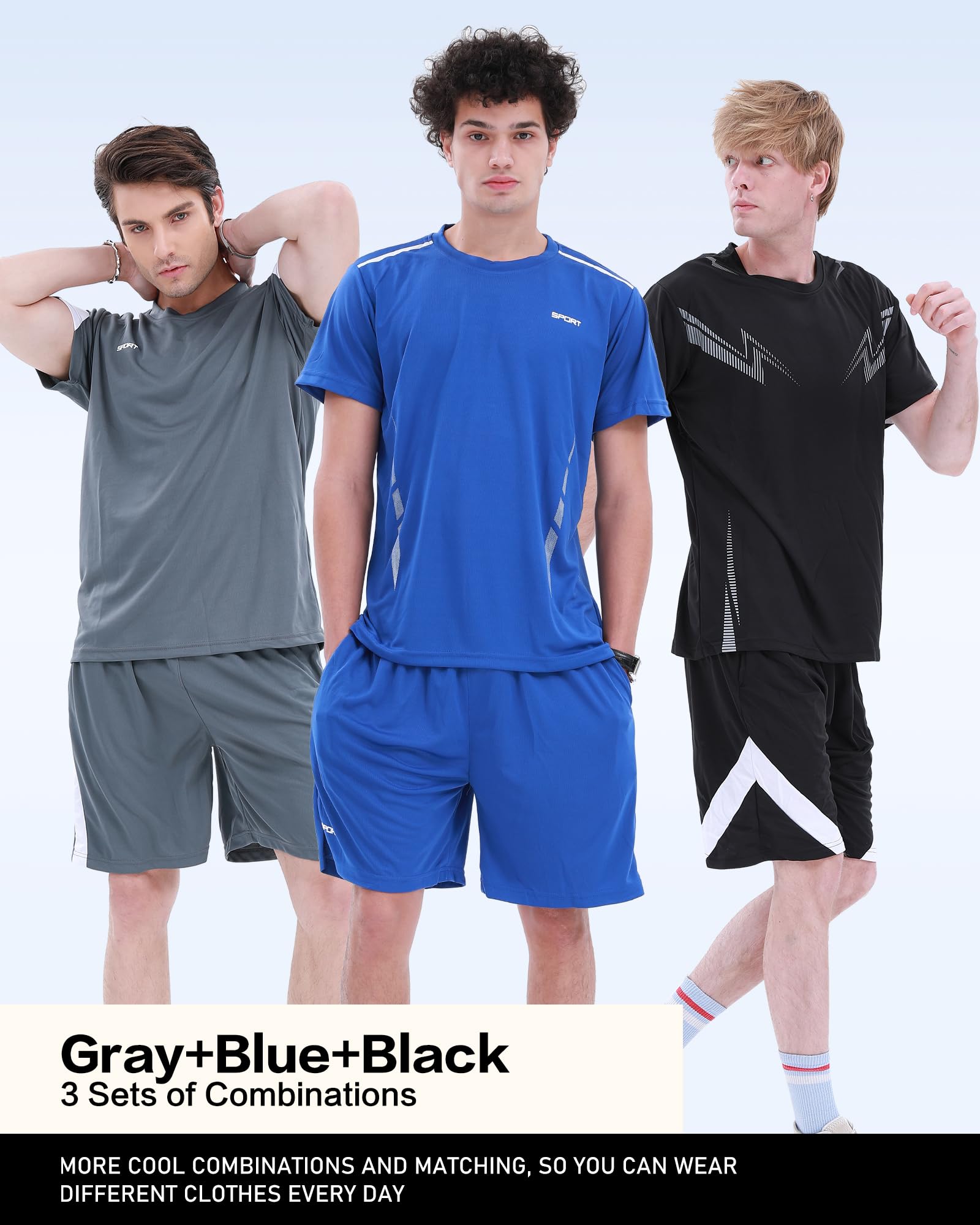 BOOMCOOL Ropa de gimnasio para hombre, camisas de entrenamiento para hombre, conjuntos de 6 piezas de camisas y pantalones cortos