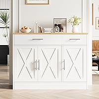 Vongrasig 43" White Farmhouse Sideboard Buffet Cabinet with Drawers, Adjustable Shelves & Storage for Kitchen Dining Room