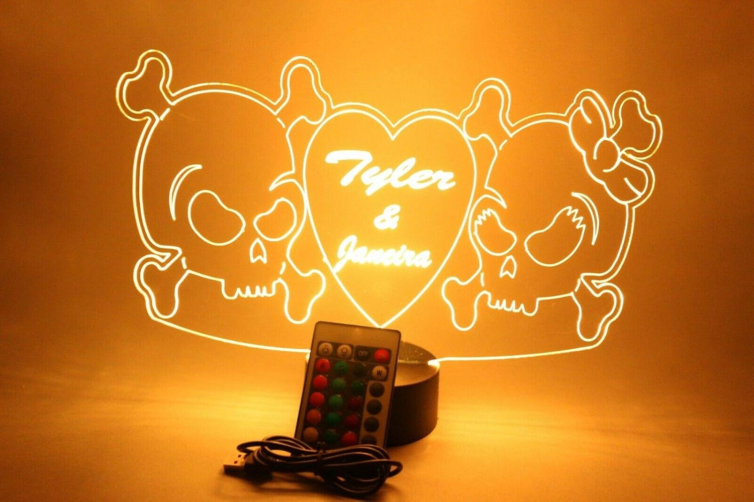 MIRROR MANIA Couple Skulls with Heart Night Light Up Table Desk Lamp LED Personalized Desk Engraved Skulls in Love - It's Wow, with Remote, 16 Color Options, Dimmer, Free Engraved, Great Gift