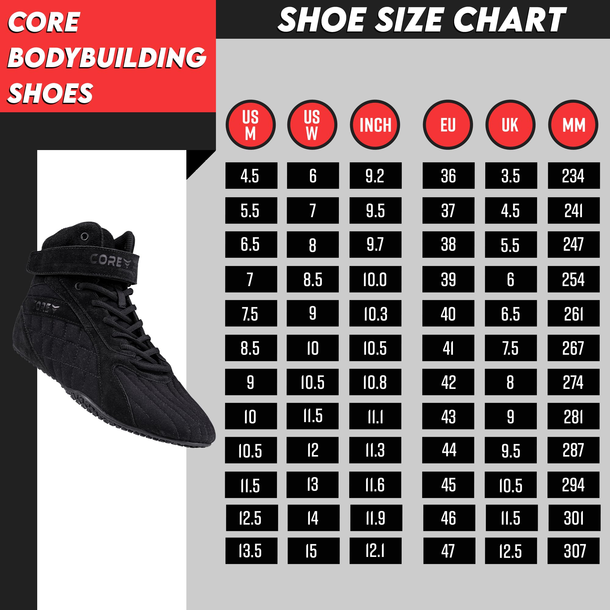 Core Zapatillas de Culturismo - Zapatillas de Halterofilia para Sentadillas, Levantamiento de Potencia, Peso Muerto y Entrenamiento en el Gimnasio - para Hombres y Mujeres - con Suela Plana