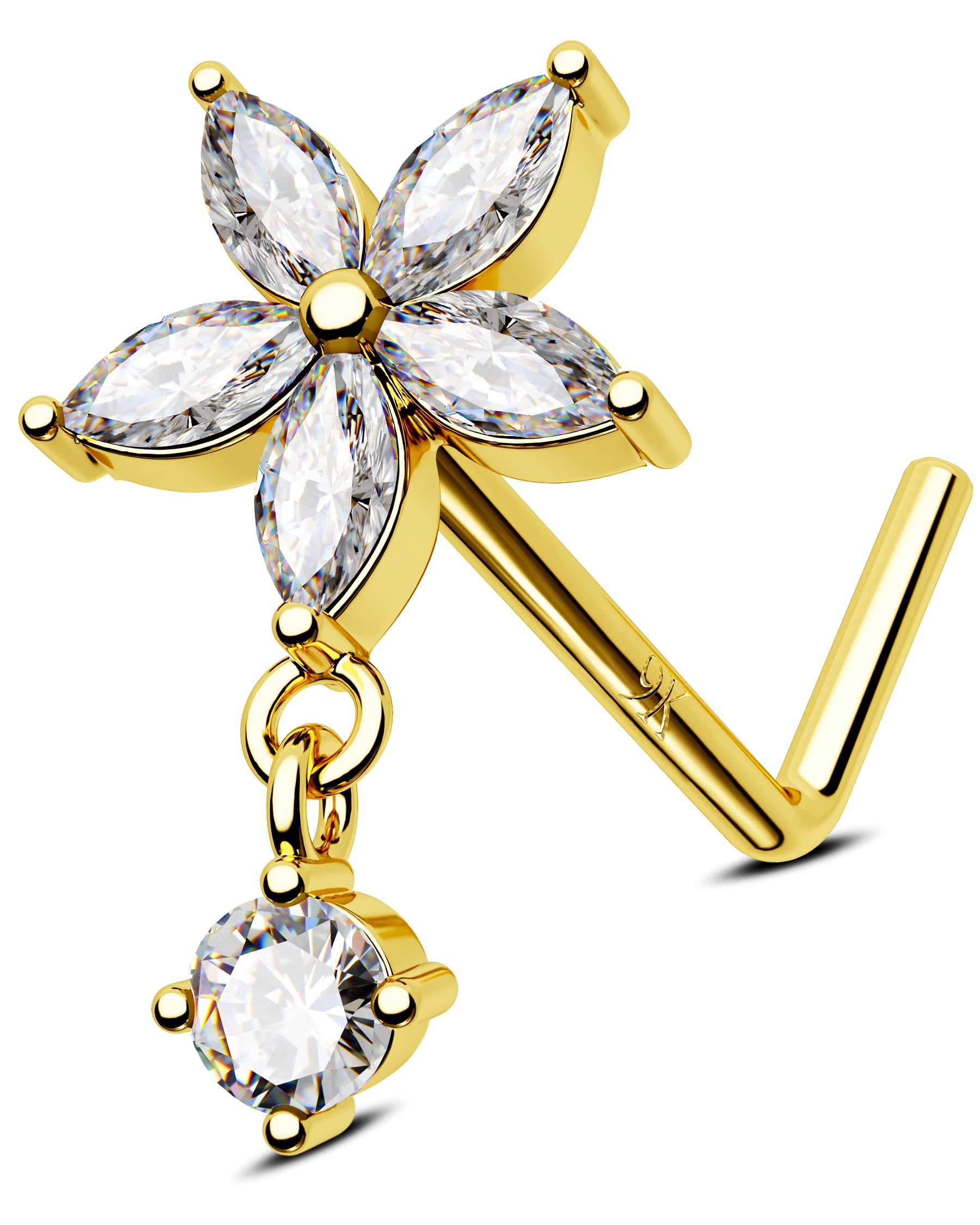 Jewseen 9K Gelbgold Nasenringe 20G Nase Piercing Stud Blume Nasenring L Shaped Dangle Nase Stud CZ Nase Schraube Nase Piercing Schmuck für Frauen Männer