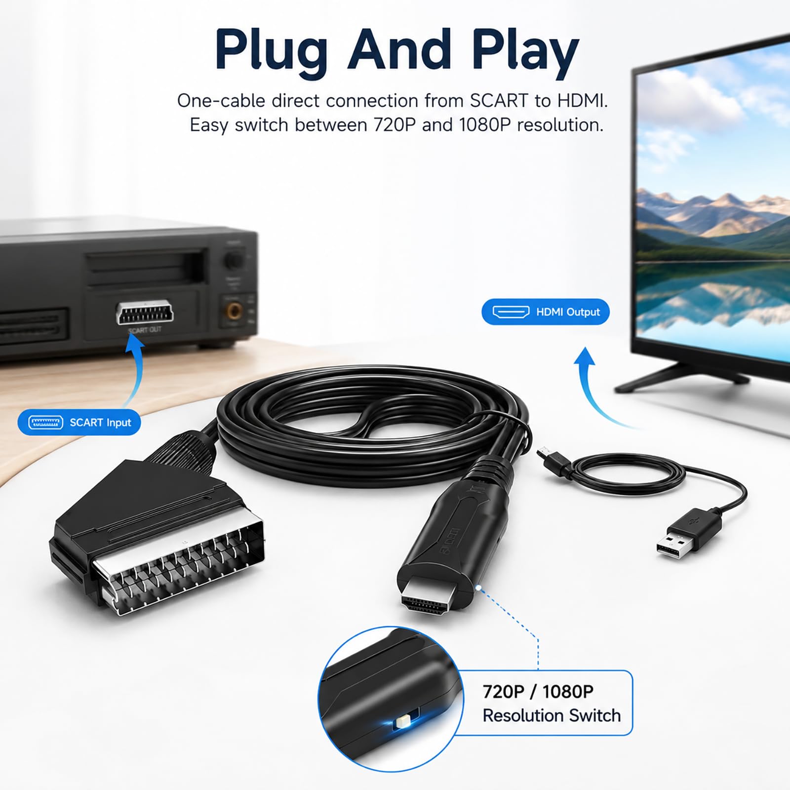 SCART auf HDMI Konverter 1080P 720P, Scart zu HDMI Adapter mit USB Stromversorgung, Video Audio Converter für VHS VCR DVD Player Set Top Box zu HDTV Fernseher Monitor Projektor, PAL NTSC SECAM