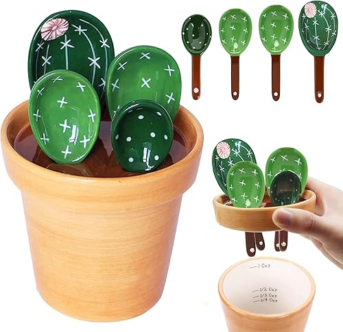 Juego de 5 cucharas medidorascucharas de cerámica y taza base medidorapara ingredientes secos y líquidos, bonita forma de cactus (base de color