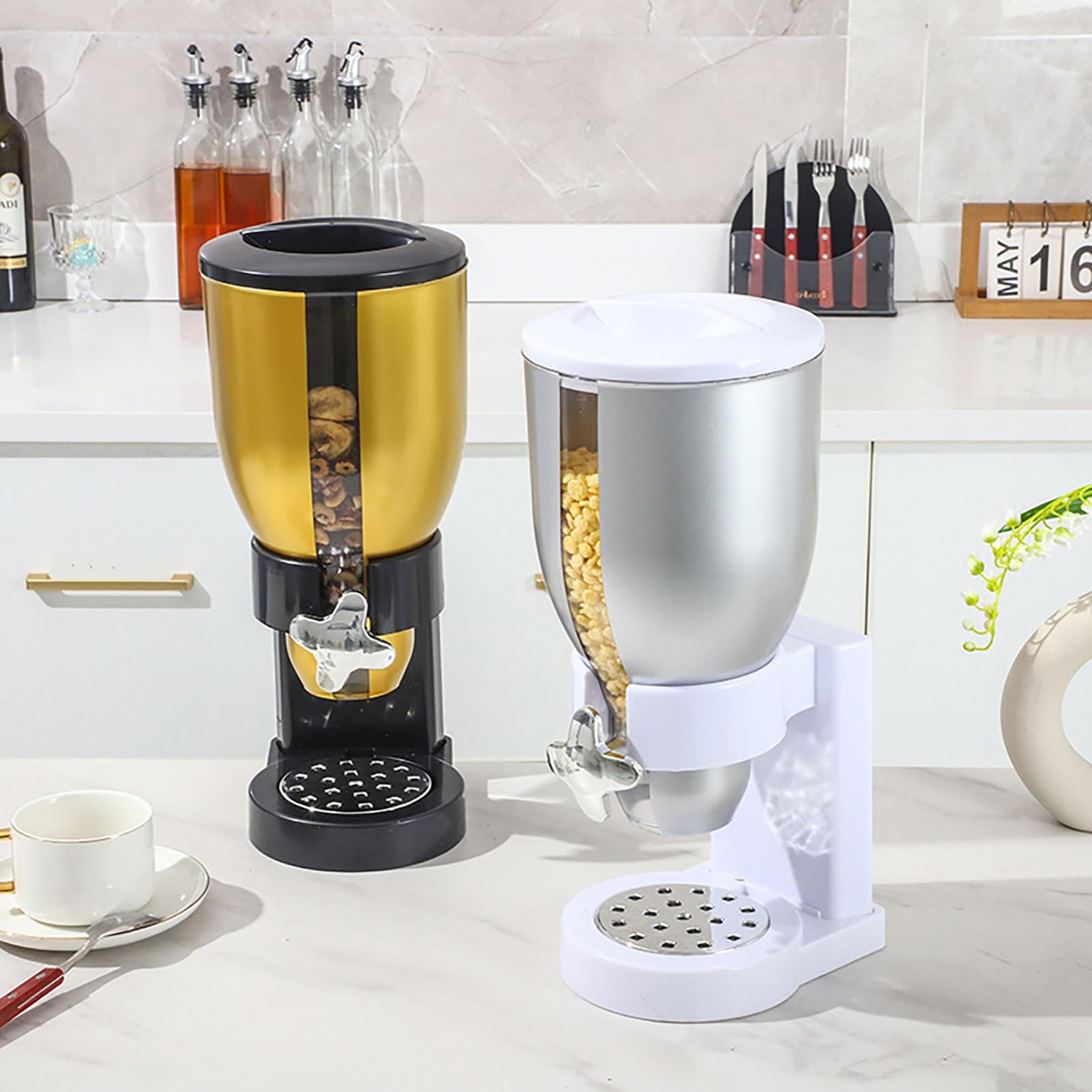 Distributore di Cereali da Banco, Dispenser di Cibo Secco, Contenitori per Snack con Coperchio per Cereali, Noci, Caramelle, Snack, Riso, Farina D'avena, Cibo per Animali Domestici(Gold,3.5L)
