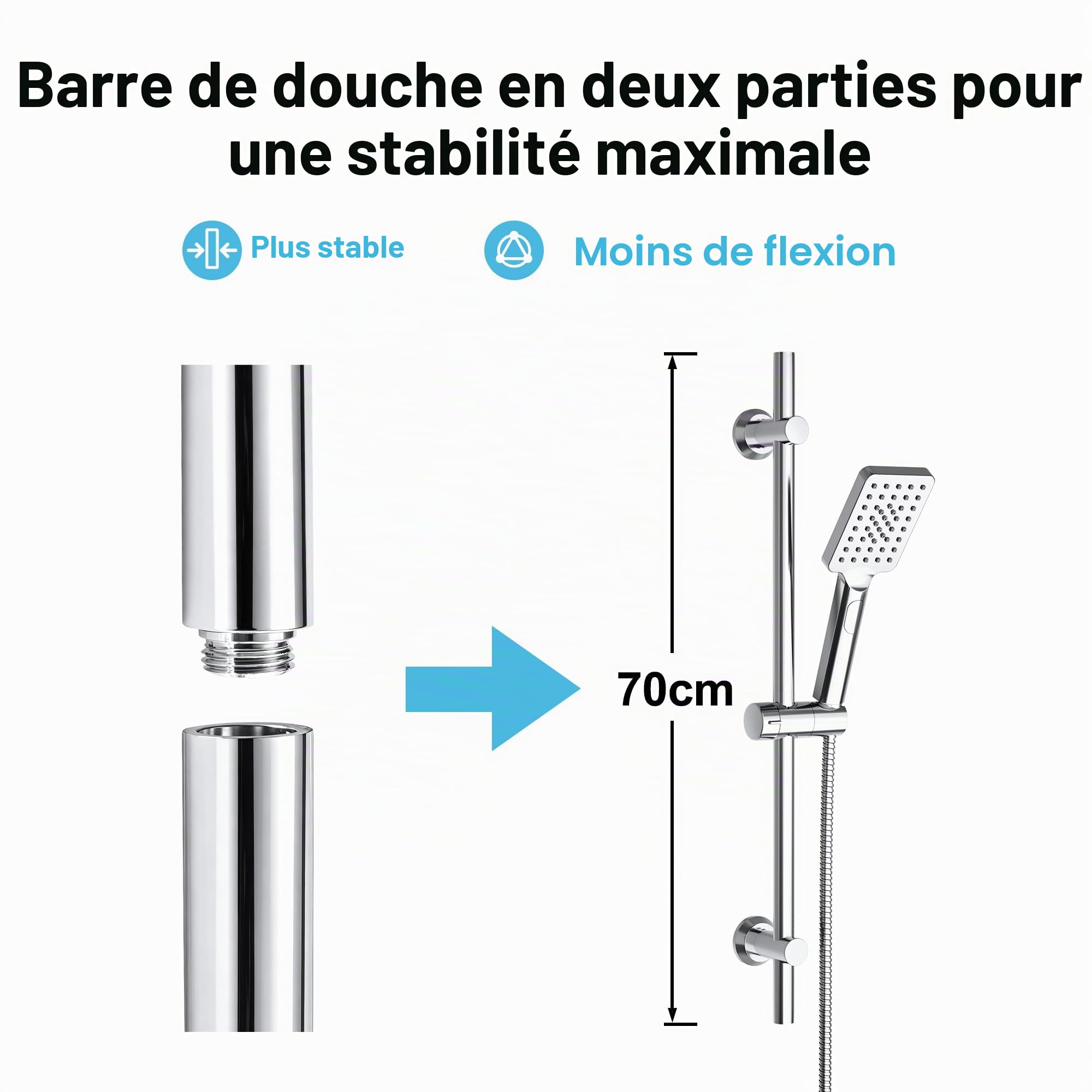 Görbach Colonne de Douche avec Étagère Douche, Barre de Douche INOX 70 cm Ensemble de Douche avec Douchette à main 3 Jets et Tuyau pour Salle de Bain, Rectangulaire, Chromée
