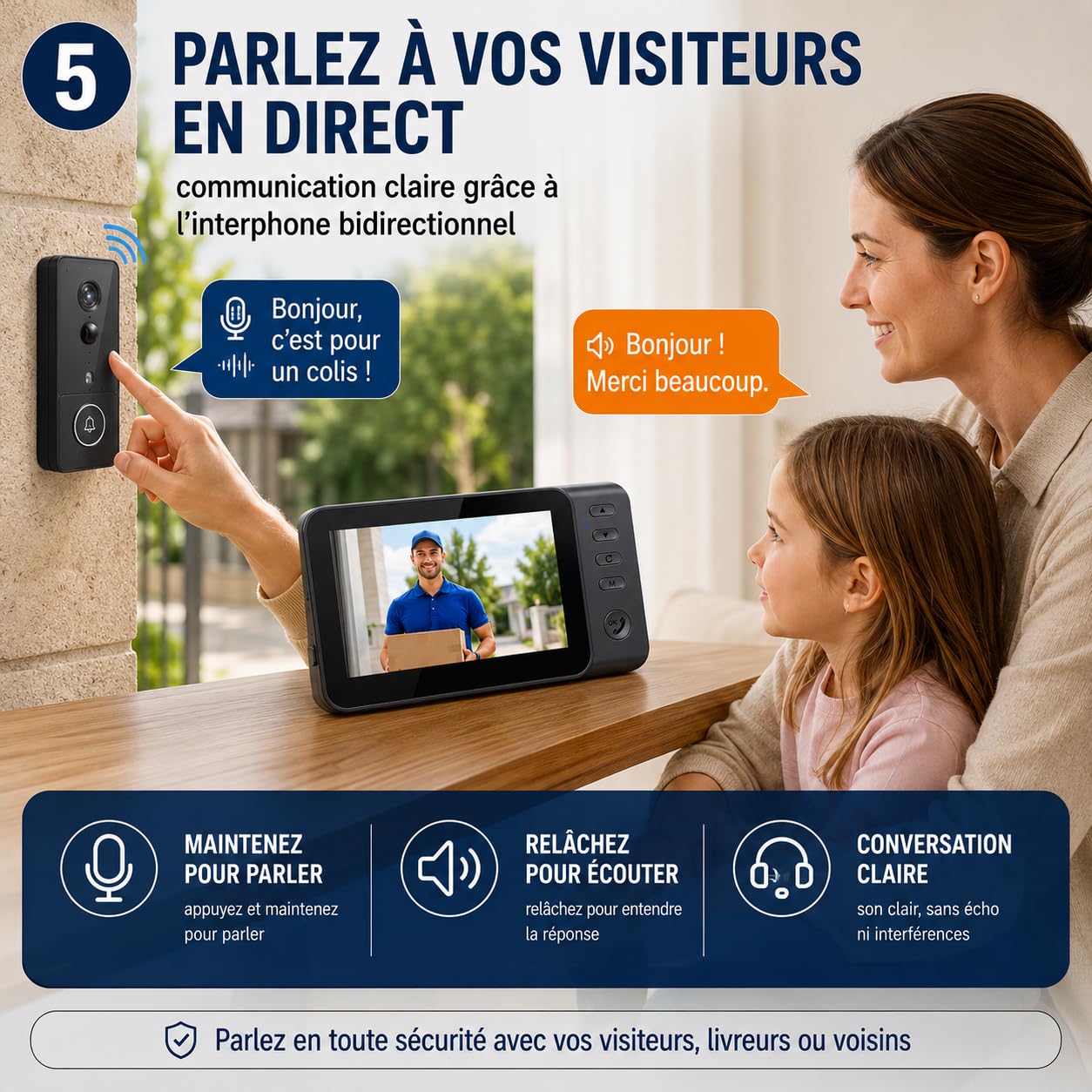 Sonnette sans Fil Exterieur Etanche avec Caméra, Sonnette sans Fil avec Camera et Moniteur 4,3", Visiophone sans Fil sans WiFi ni App, Interphone Video sans Fil 2.4GHz, PIR, Vision Nocturne, IP65