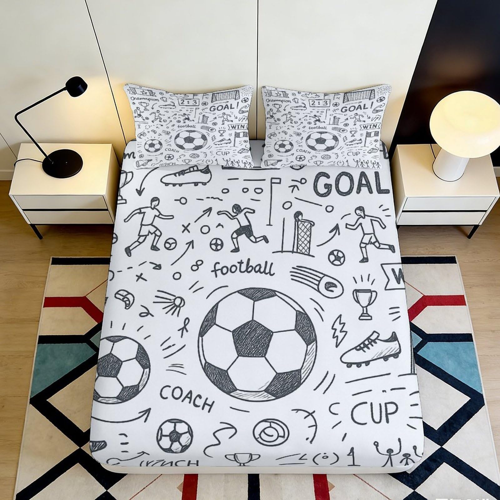 Pnayamiorkfel Style-8 3D Printed Football Sketch Fitted Sheet Microfiber Soft Anti-Slip Soccer Doodle Mattress Cover Bedroom Decor Washable 90X200x25cm