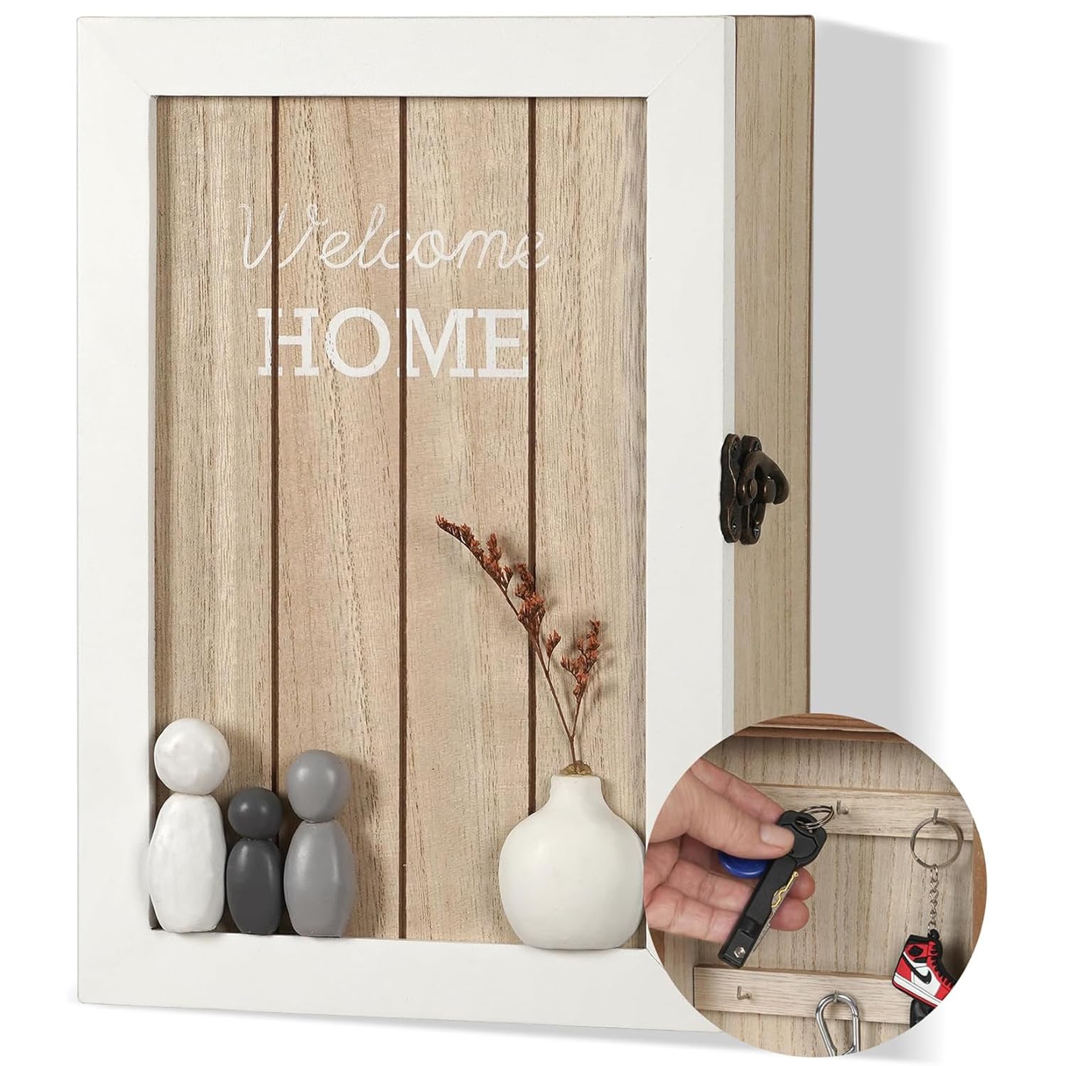 Schlüsselkasten Holz modern Schlüsselbox mit Trockenblumen Schlüsselschrank 6 Schlüsselhaken Schlüsselablage Wand Deko L für Eingang,Flur,Büro Schlüsselhalter Schlüsselbrett L weiß