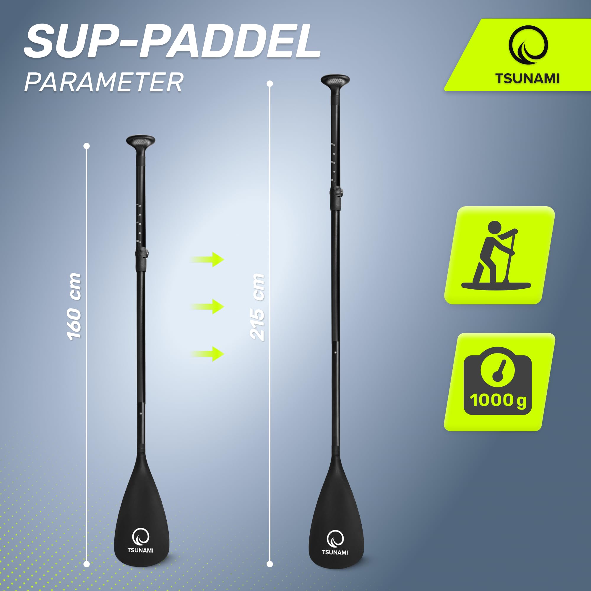 TSUNAMI Paddle 3-teilig für SUP Stand-Up Paddling Board, Stechpaddel, Verstellbar Teleskop 165cm-215cm, Kunststoff, Rutschfester Griff, für Kajak, Dingy Boote, Paddelboard, Schlauchboot SUP