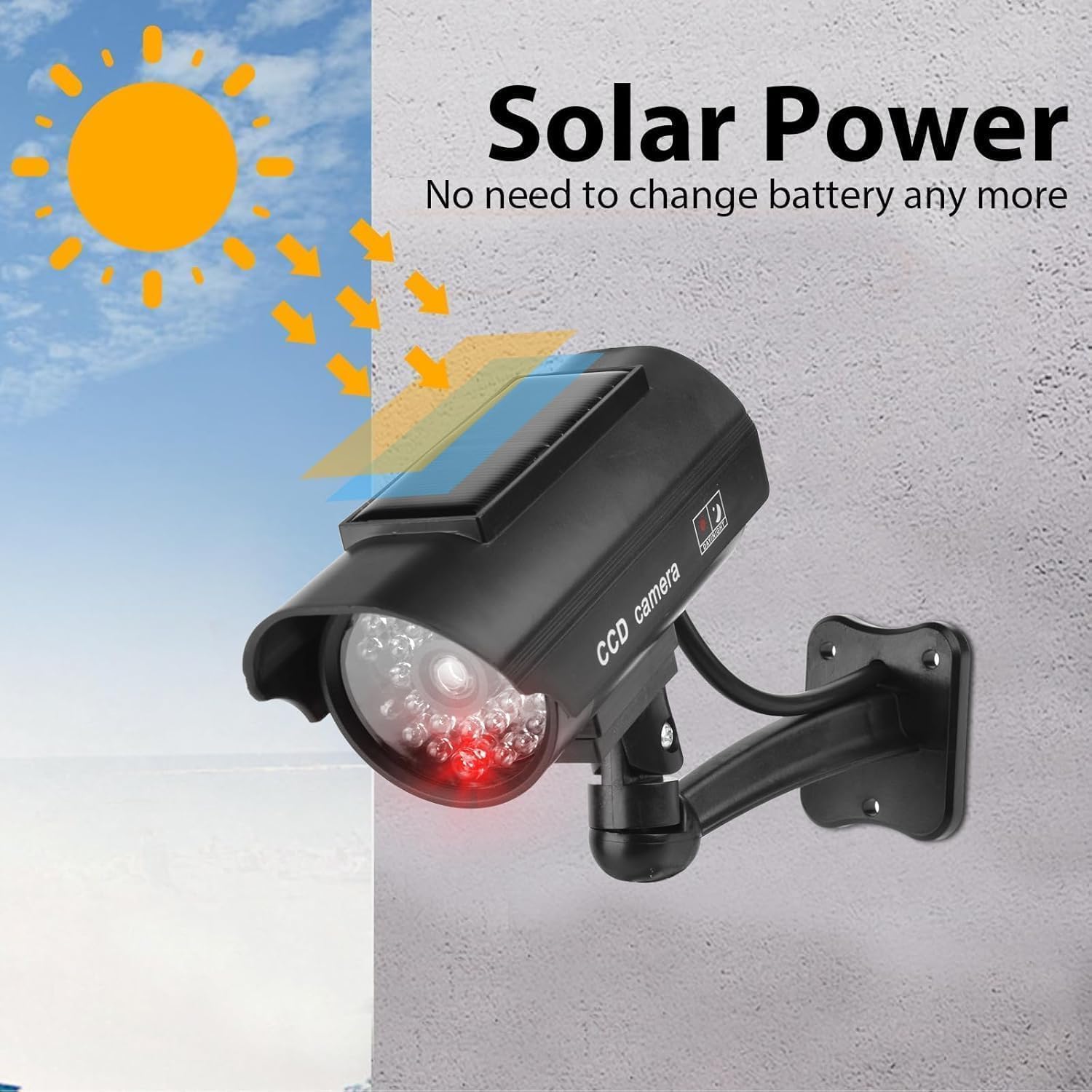 Telecamera di sorveglianza a energia solare, manichino, con luce LED e rotazione a 360°, resistente alle intemperie, per esterni e interni, con adesivo di avvertimento e viti