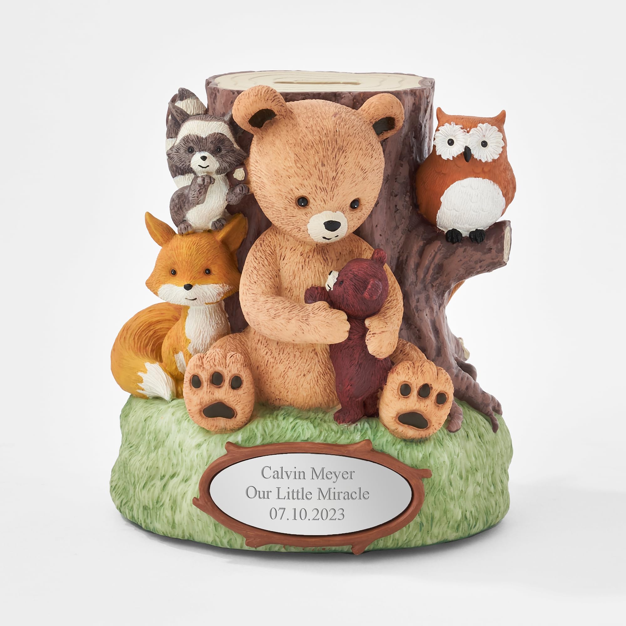 THINGS REMEMBERED Engraved Woodland Animals Resin Coin Bank (Free Customization), Baby Boy or Girl Keepsake Piggy Bank, Nursery Decor