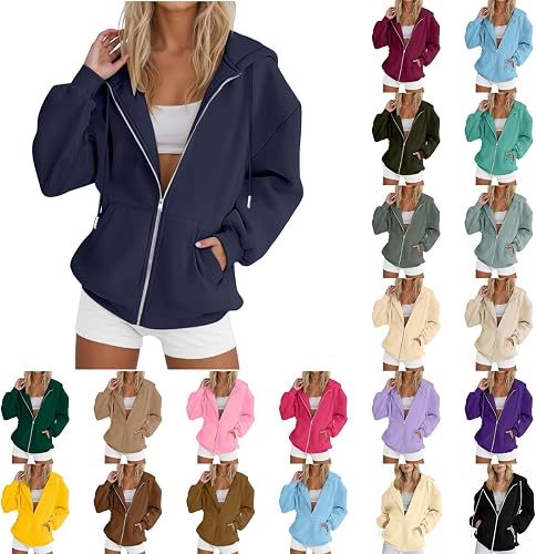 Zip Up Hoodie Women Oversized Fall Fashion Long Sleeve Hooded Sweatshirts Casual