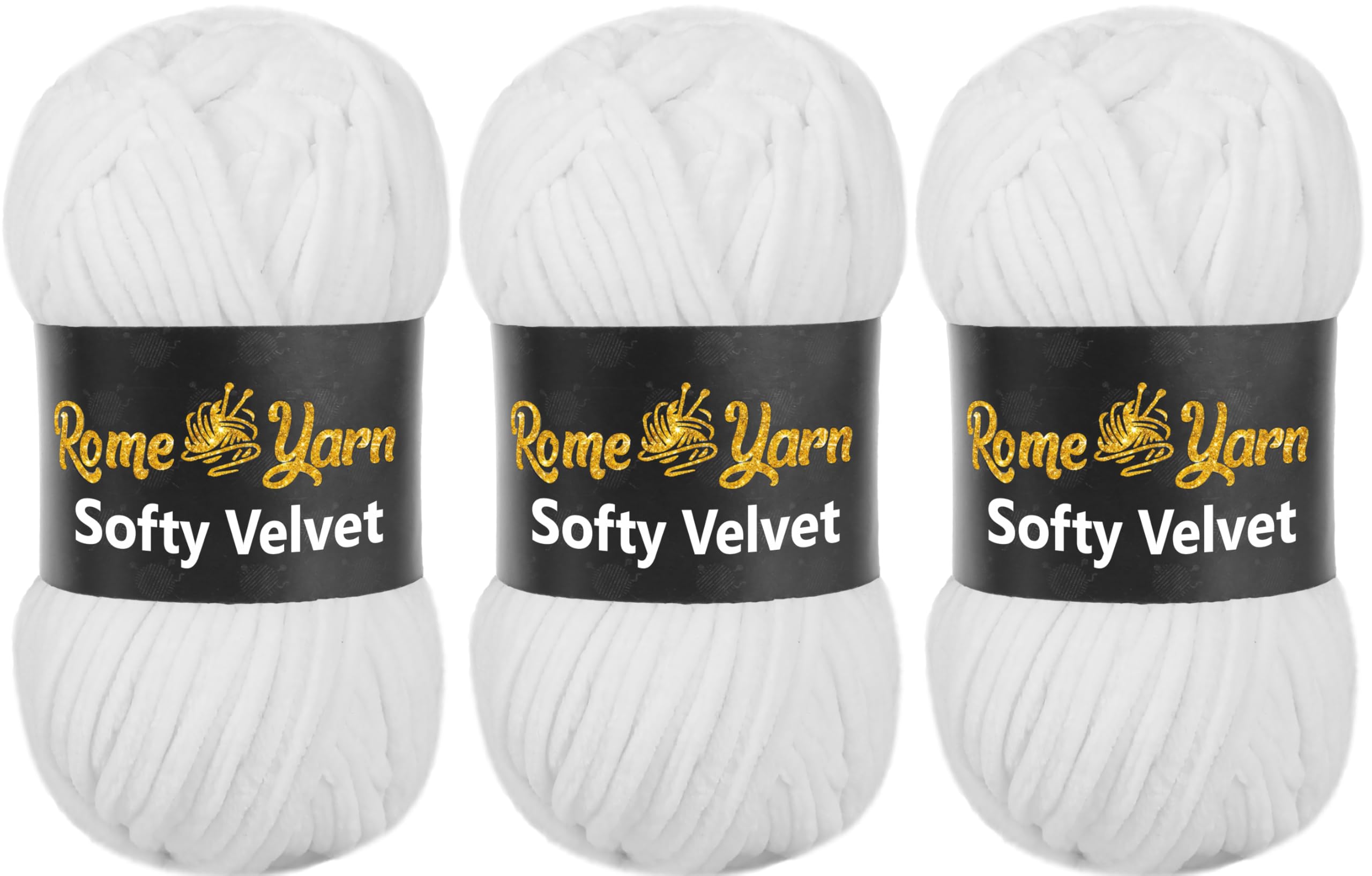 Rome Yarn Softy Velvet Yarn 100g/3.52oz - 120m/131yards | Super Chunky Bulky Chenille Soft Yarn for Knitting and Crochet Baby Blanket Amigurumi Plush Thick (3 Pack, 901 White)