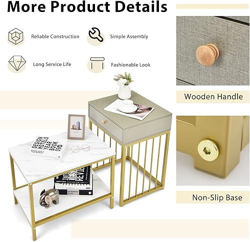 Miniatura 6 de Giantex Juego de mesa auxiliar anidable con cajón y estante, juego de mesa auxiliar de sofá compacto 2 en 1 con marco de acero, juego de 2 mesas