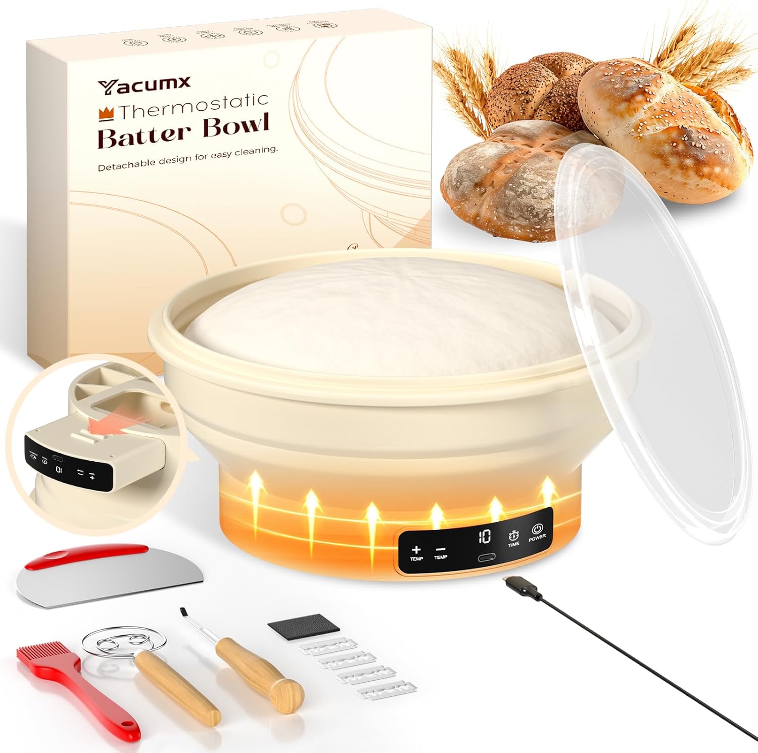 Electric Sourdough Starter Kit with 6-Temp (77-122?) Control & Timer - 9" Foldable Sourdough Bread Baking Supplies & Dough Warmer - Complete Banneton Bread Proofing Basket Set for Artisan Home Bakers Cream White