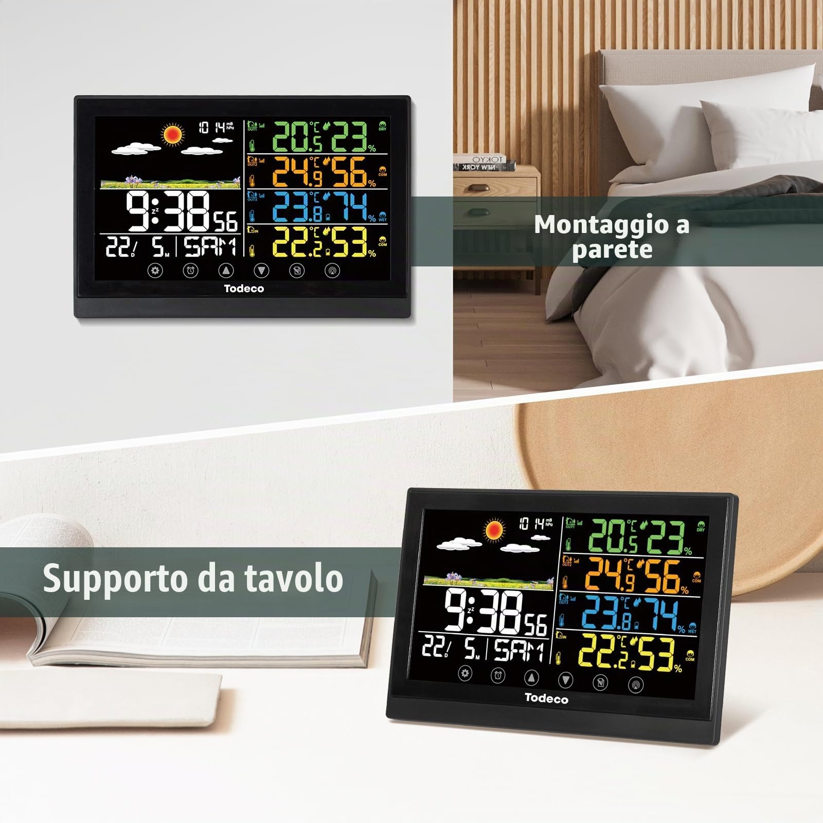 Todeco Stazione Meteo Wireless con 3 Sensori e Display a Colori | Temperatura, umidità e previsioni meteo, display LCD a colori, adattatore AC, allarme, calendario e DST automatico