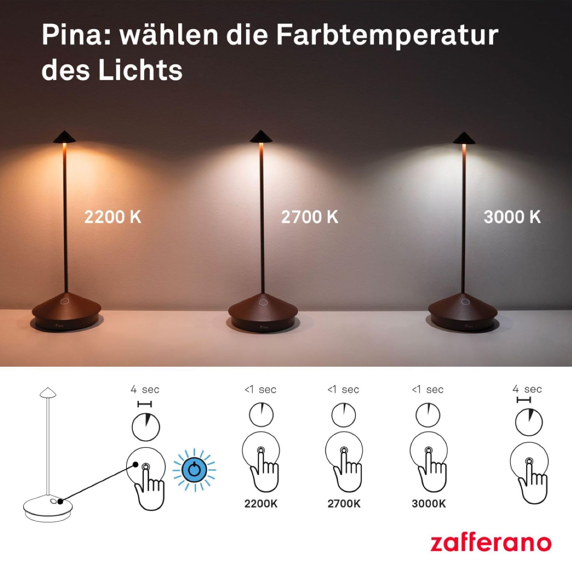 Zafferano, Pina Lampe, Wiederaufladbare und Kabellose Tischlampe mit Touch Control, Geeignet für den Innen- und Außenbereich, Dimmer, 2200-3000 K, Höhe 29 cm, Farbe Corten