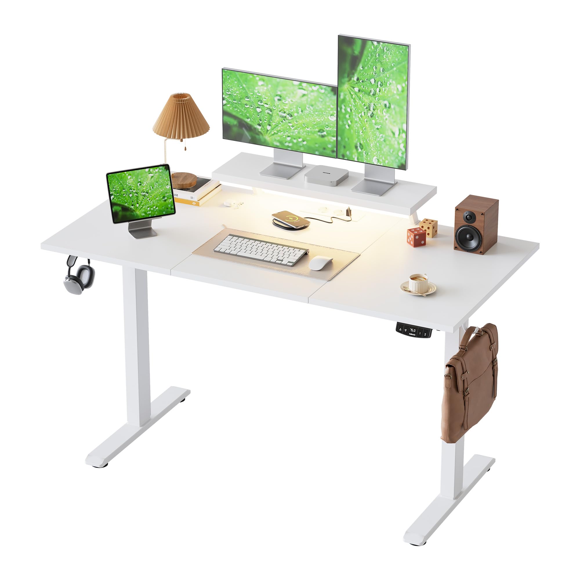 Klicelor Height Adjustable desk with LED Lights and Power Outlets, 140x60cm, movable monitor stand for Game and Home Office, Standing desk with 3-piece tabletop, white