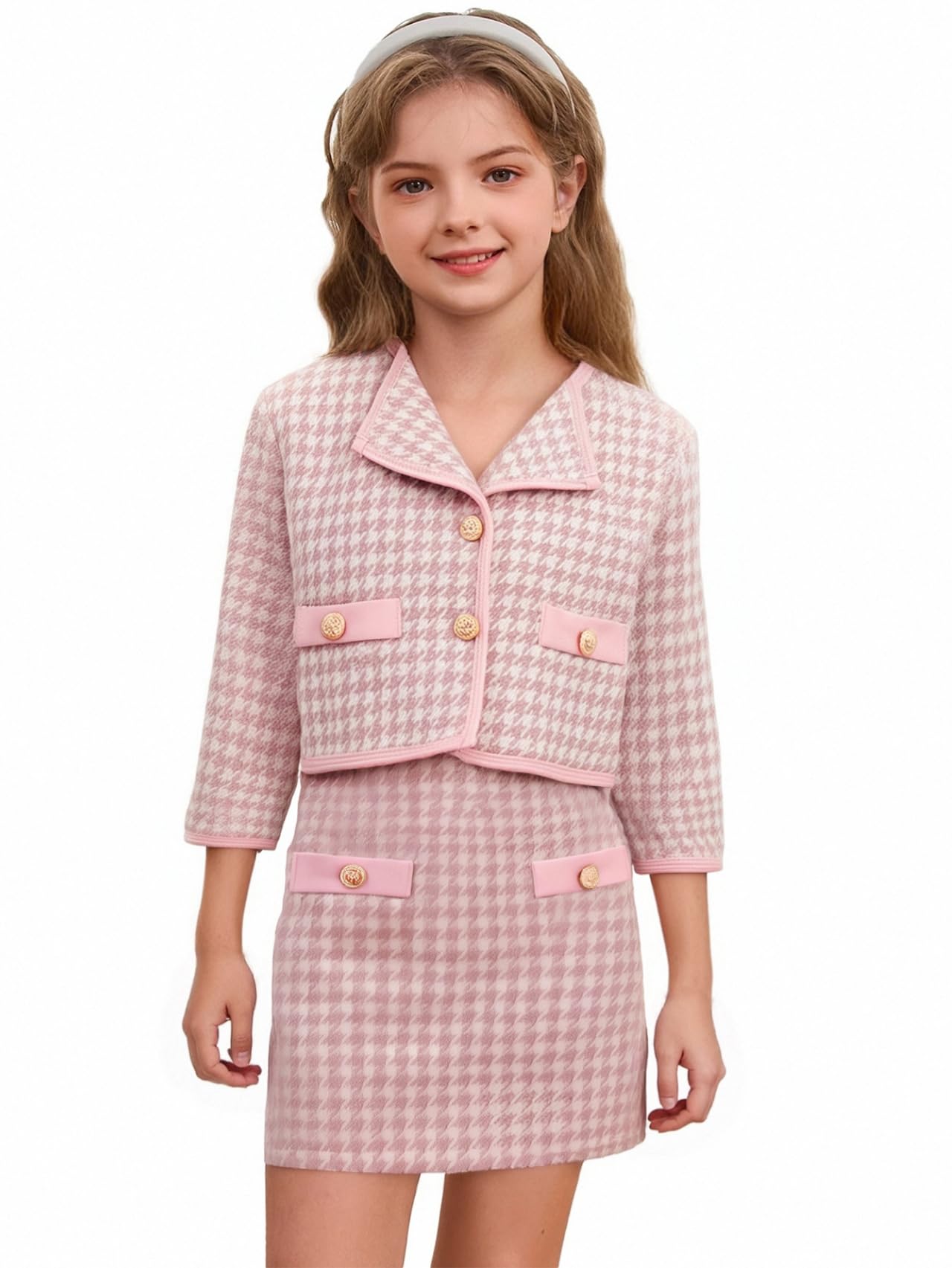 WDIRARA Girl's 2 Piece Houndstooth Outfits Tweed Jacket and Skirt Set Tea Party Suits
