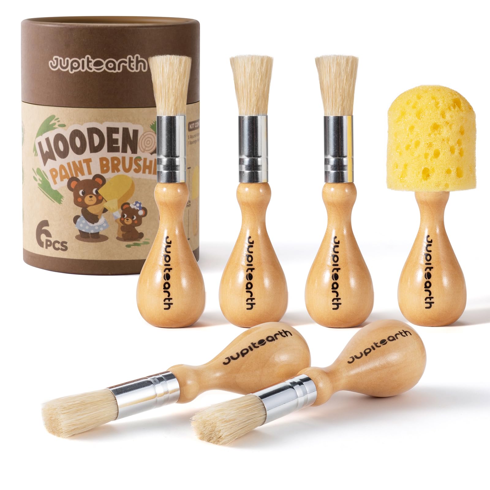 JUPITEARTH Jumbo Paint Brushes for Kids, Easy Grip Round and Sponge Toddler Paint Brushes with Natural Wood Handles for Washable Paint and Acrylic Paint, 6 Pcs