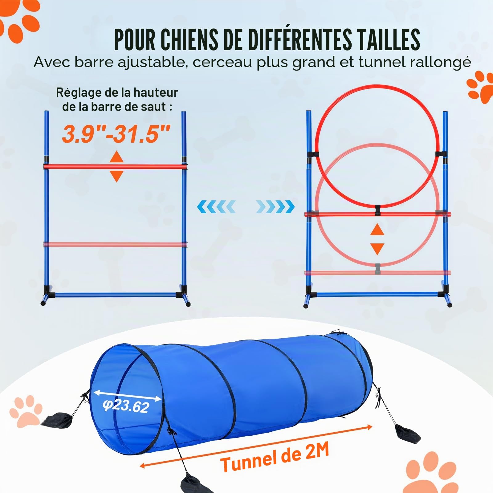 VEVOR Équipements d'Entraînement Agilité pour Chien, Ensemble 5PCS, Parcours Obstacles pour Chiot, avec Haies Hautes Réglables, 6 Poteaux, Tunnel, Anneau de Saut, Boîte de Pause, Sifflet, Bol Pliable