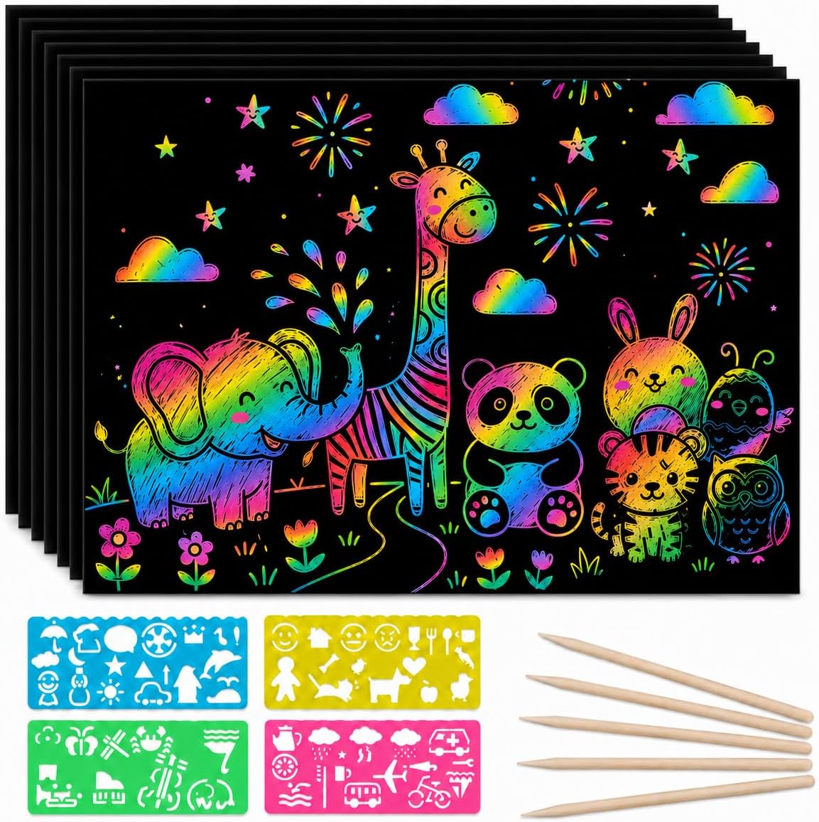 Rainbow Scratch Paper Art for Kids - 70 PCS Magic Scratch Art Kit, Mess Free Crafts for Girls Boys Ages 3-12, Easter Basket Stuffers Birthday Party Favors Classroom Prizes Gifts