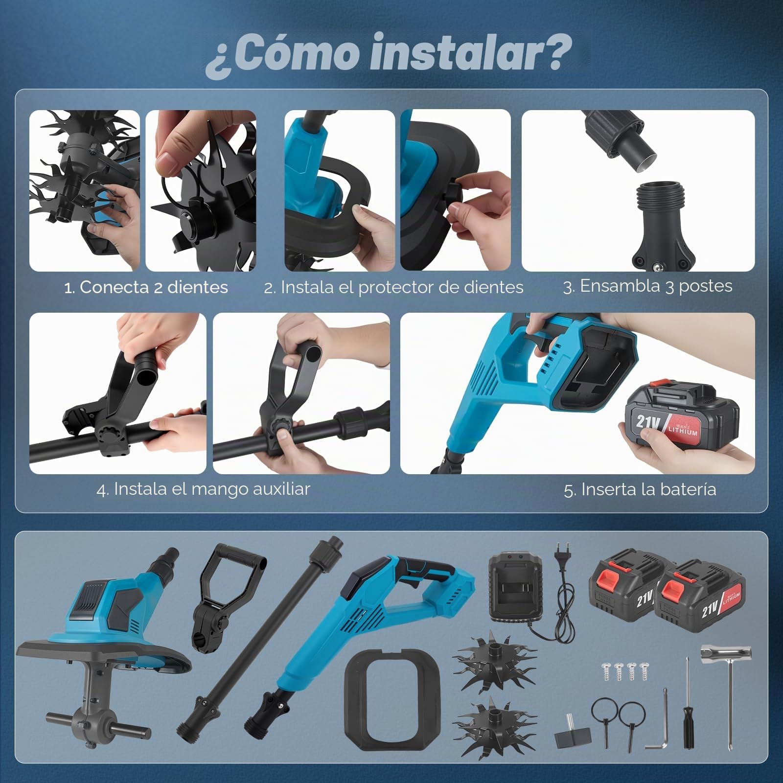 Motoazada Eléctrica Cultivador 2 en 1 con Batería, Micro Rotavator Portátil para Hogar y Jardín, Profundidad Ajustable 17cm, Ancho de Trabajo 23cm, Interruptor de Seguridad