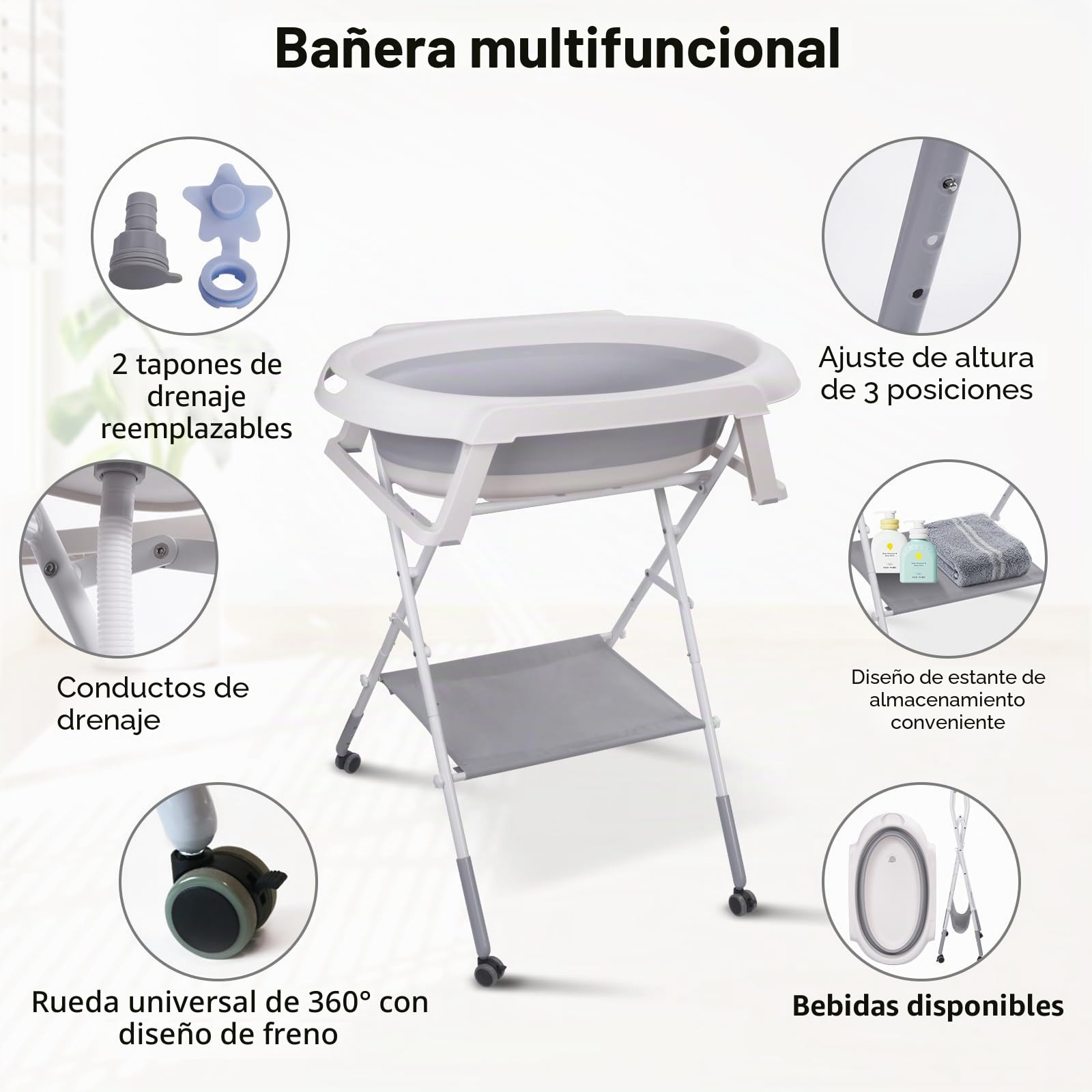 Soporte Plegable para Bañera de Bebé, kit de baño con mesa de almacenamiento multifuncional, Ligero y Resistente, regulable en altura, bañera de bebé plegable con Patas Antideslizantes