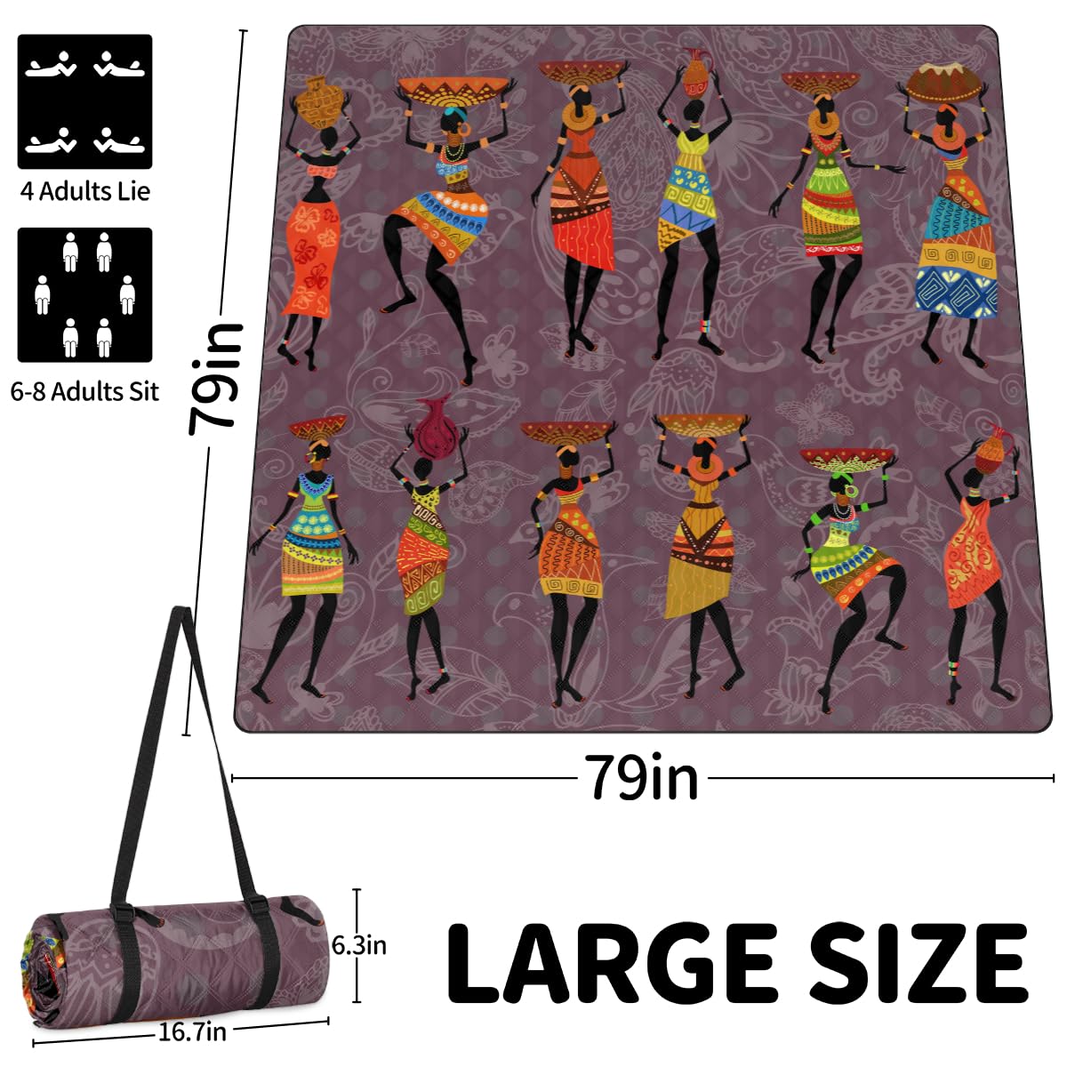 Shimoshe Extra Large Picnic Blankets 79”x 79”, African Women Waterproof Foldable Picnic Mat with Straps Portable Beach Blanket for Camping Park Grass Beach Indoor