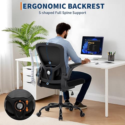 Miniatura 6 de Silla de oficina ergonómica de malla con respaldo alto, altura ajustable, reposabrazos abatibles y soporte lumbar, cómodo asiento giratorio para el
