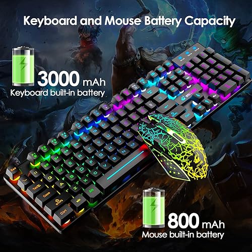 Miniatura 5 de Combo de teclado y mouse inalámbricos para juegos con retroiluminación arco iris, silencioso, ergonómico, sensación mecánica, mouse antirfantasma,