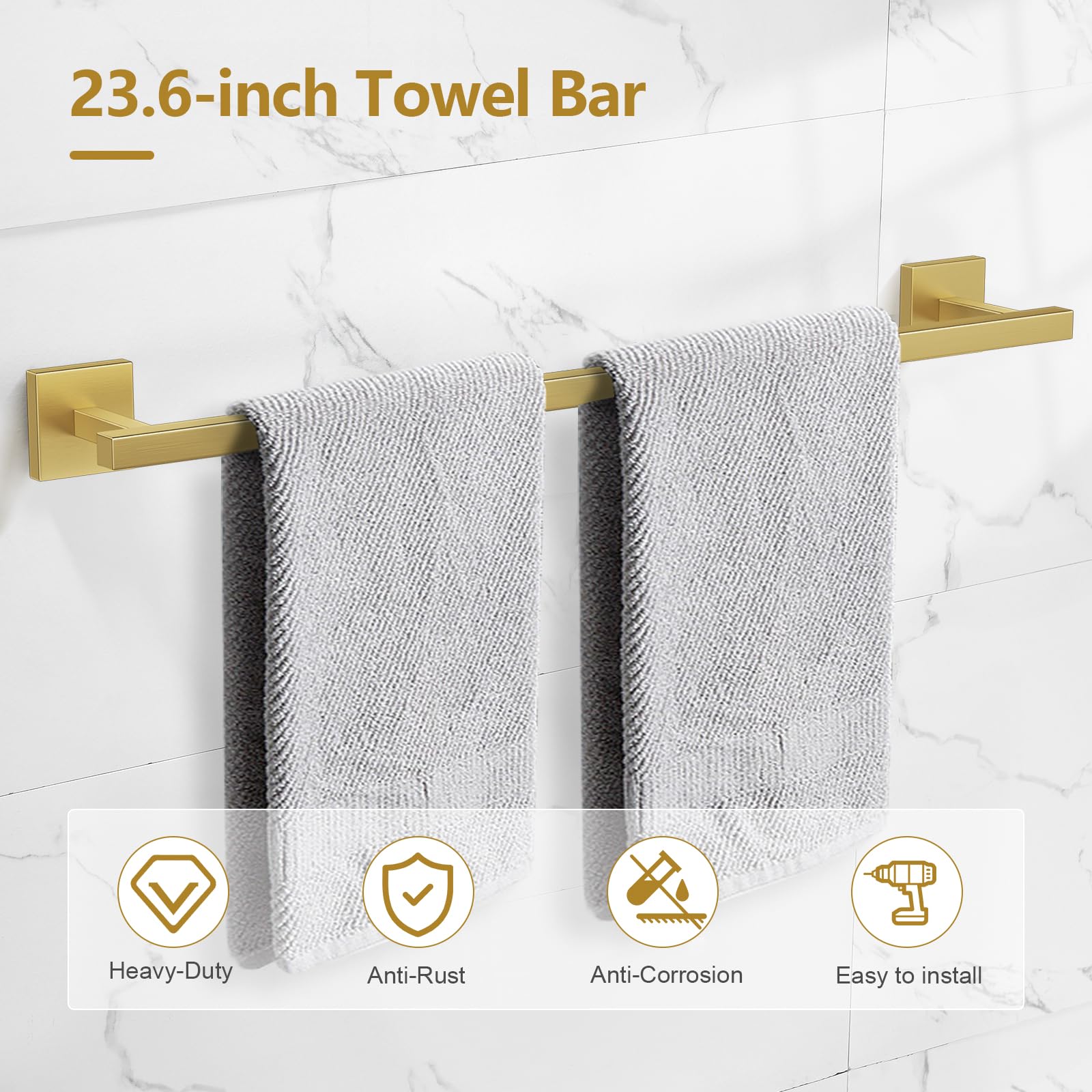 TQKAG 5-Pieces Brushed Gold Bathroom Hardware Accessories Set 23 6 SUS304 Stainless Steel Towel Bar Set Wall Mounted — view 2