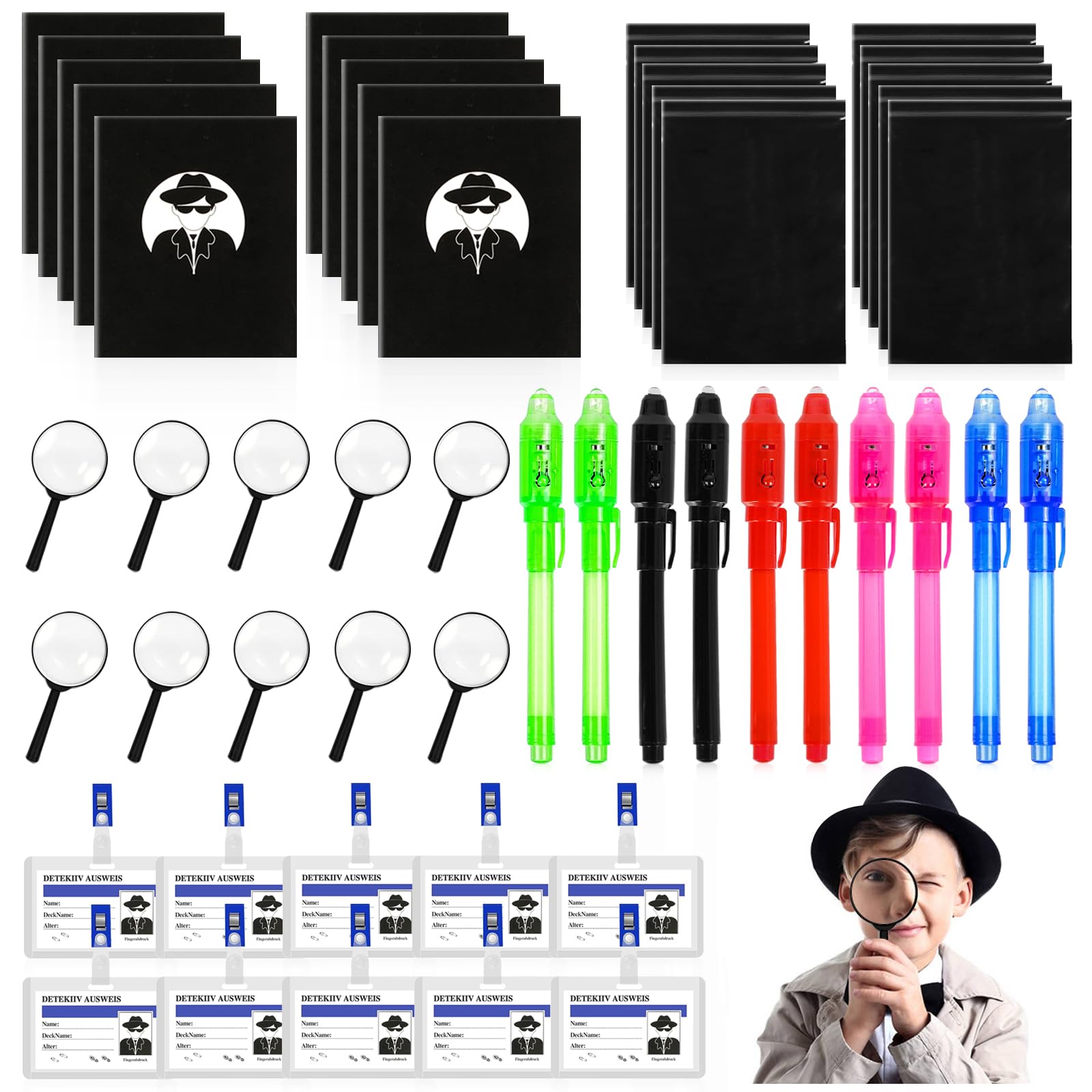 Gioco investigativo per bambini, 50 pezzi, kit spia con notebook, lente d'ingrandimento e carte d'identità detective