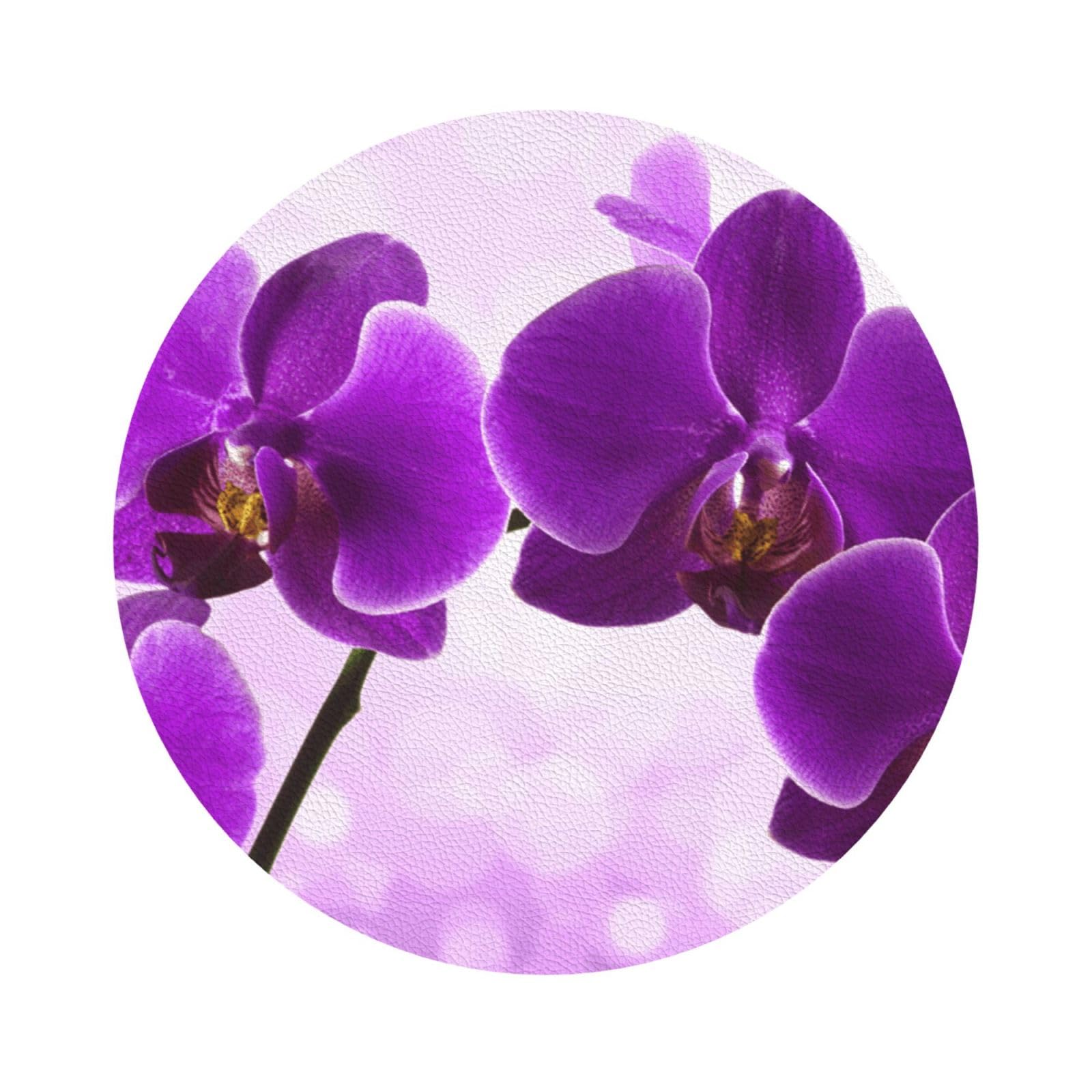 Purple flower PU Leather Coasters Set of 6 Round Drink Coasters