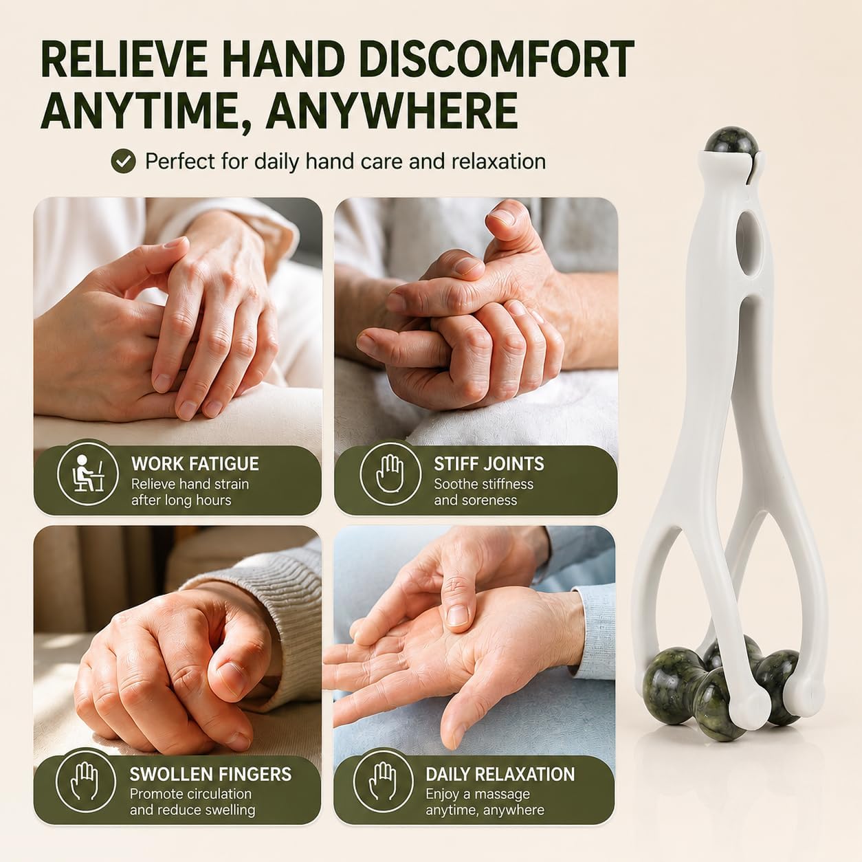WHAL&YUNE 2PCS Natural Green Jade Finger Massager Roller Set, 2-in-1 Handheld Hand & Finger Acupressure Massage Tool for Circulation, Trigger Point Relief, Relaxation & Tension Release