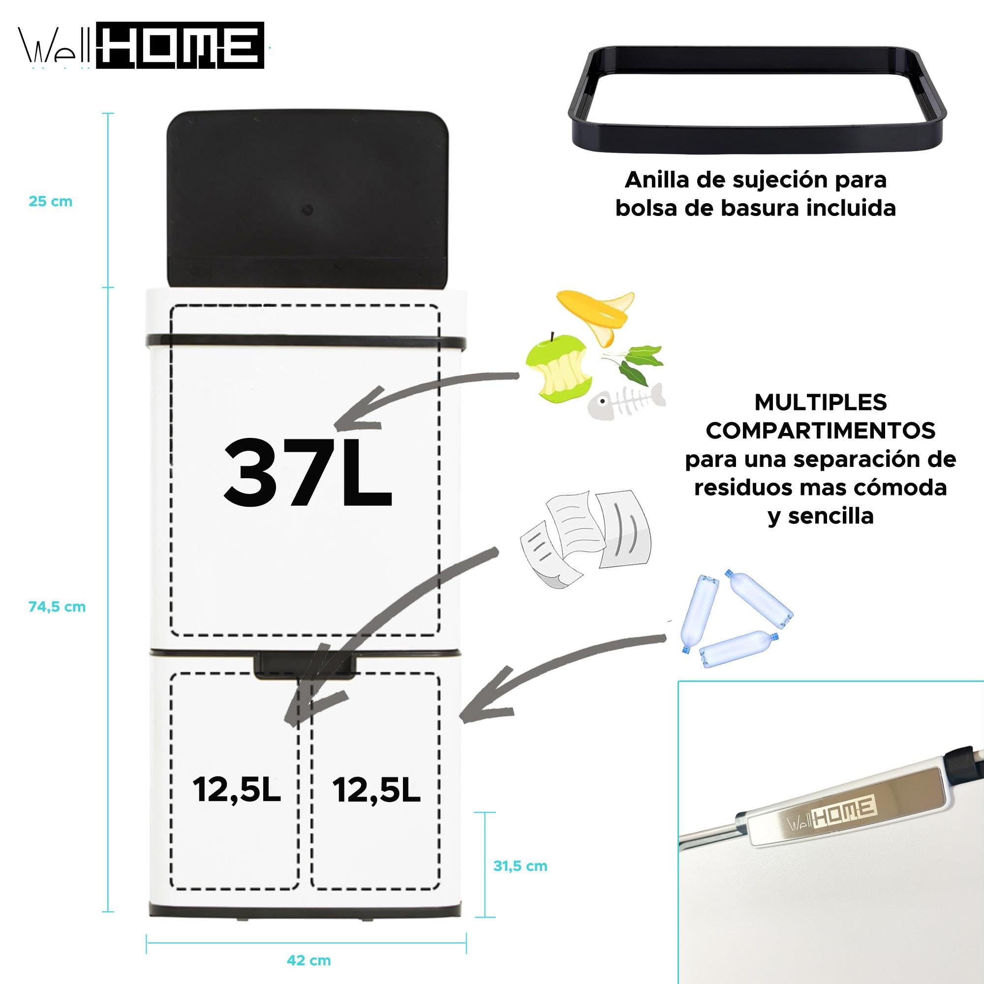 Papelera de reciclaje 62L (37L+25L), cubo de basura con 2 compartimentos, apertura automática con sensor, en acero inoxidable, blanco