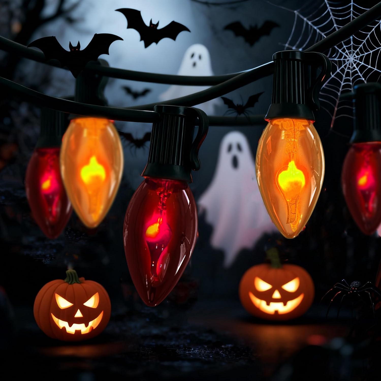 25Ft C7 Flickering Flame Halloween Outdoor String Light,Orange and Purple Halloween Lights,Connectable Vintage Lights for Outside Patio,Party Yard Decorations Flame Orange/Purple Light