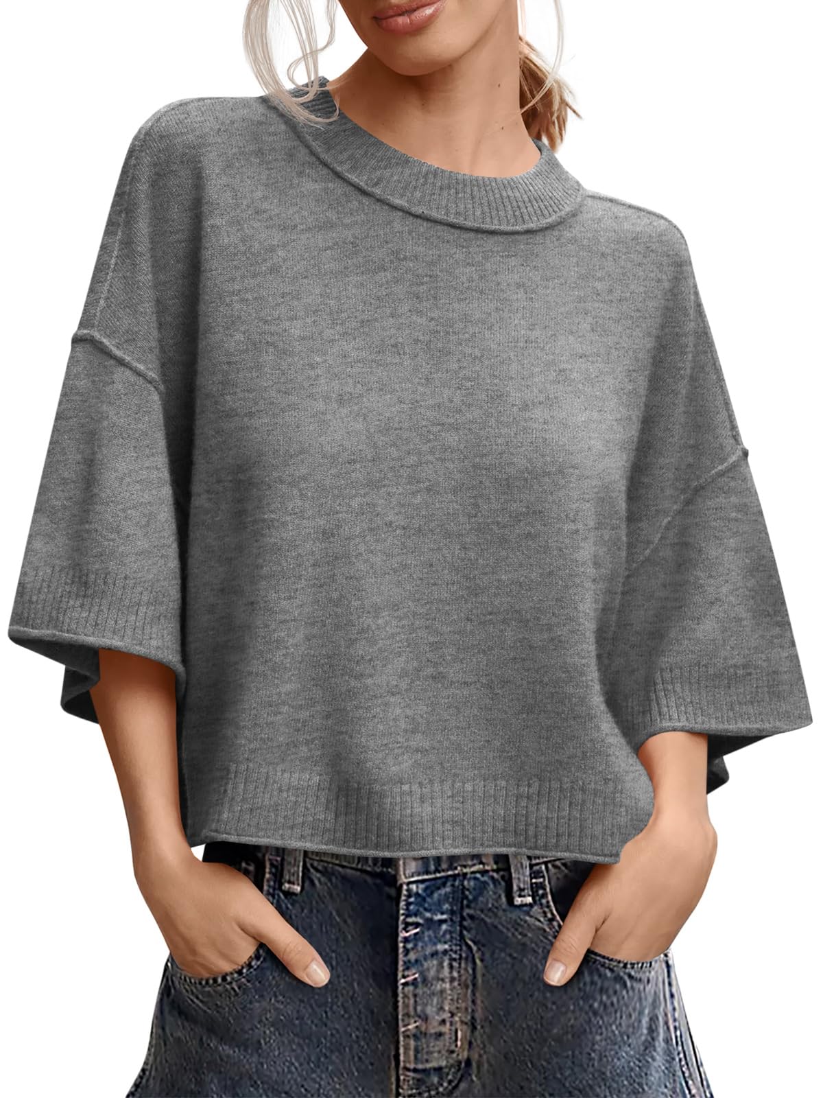 Saodimallsu Womens Short Sleeve Sweater Summer Oversized Cropped Sweaters Casual Crewneck Lightweight Knit Tops