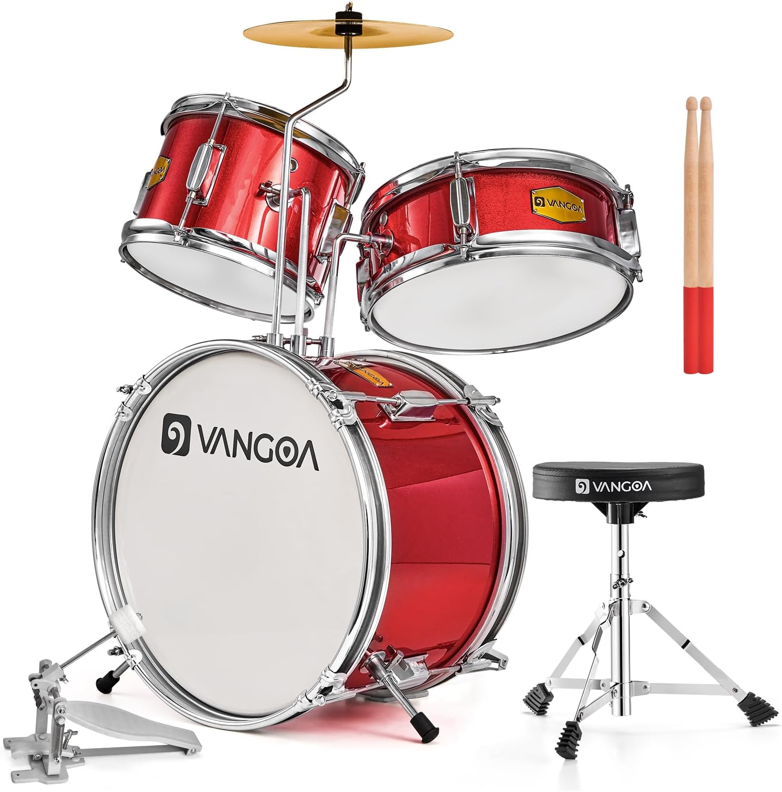 Vangoa Kids Drum Set, 14 Inch Beginner Drum Kits, 3 Piece Drum Set for Kids Boys Girls Age 3-7, with Adjustable Throne, Cymbal Pedal, Drumsticks, Bright Red