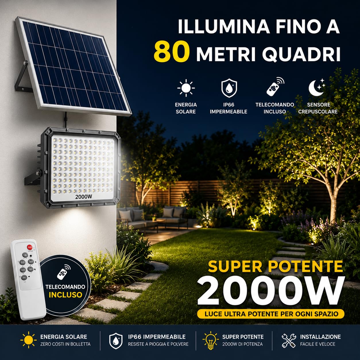 Faretto LED da Esterno Solare 2000W con Pannello Solare e Telecomando, Faro LED Esterno con Pannello Solare IP66, Luce Solare da Esterno per Giardino Cortile Sicurezza [Classe di efficienza energetica
