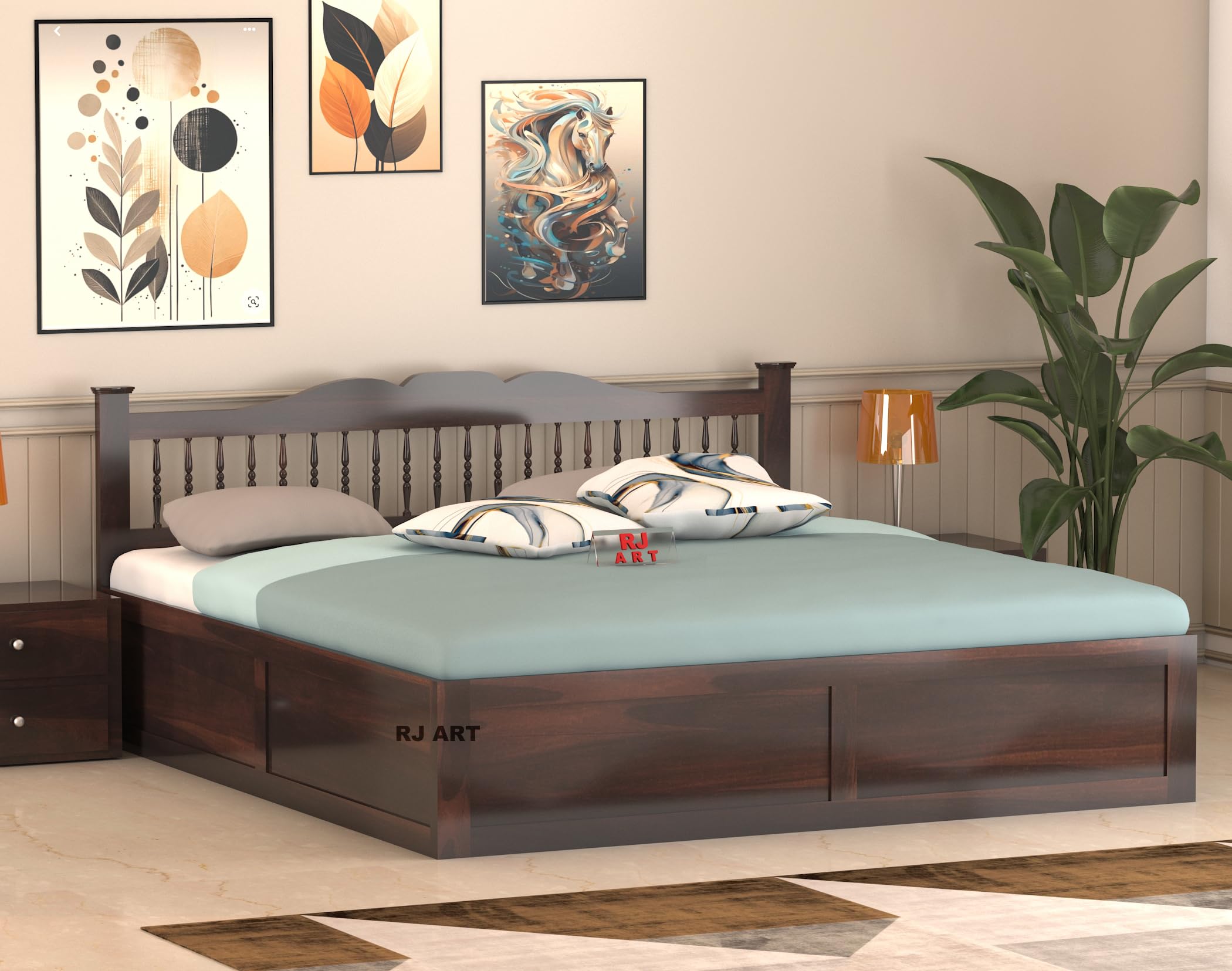 Solid Sheesham Wood Queen Size Bed with Box Storage for Bedroom Living Room Home Hotel Wooden Double Bed Cot Palang Home Furniture (Walnut Finish)-image-25