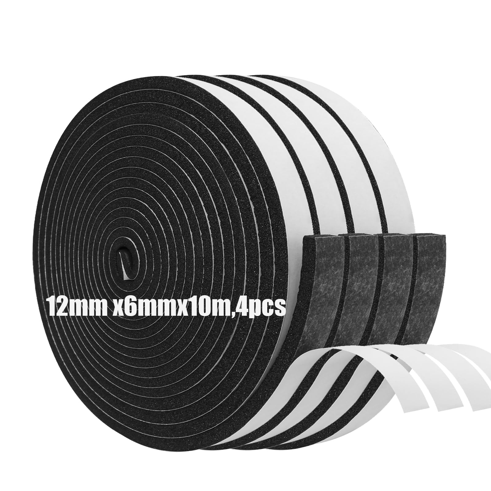 Foam Insulation Tape Self Adhesive,12mm(W) x6mm(T) x10m(L)-4pcs,Weather Stripping for Doors and Windows,Sound Proof Soundproofing Door Seal,Weatherstrip,Cooling,Air Conditioning Seal Strip