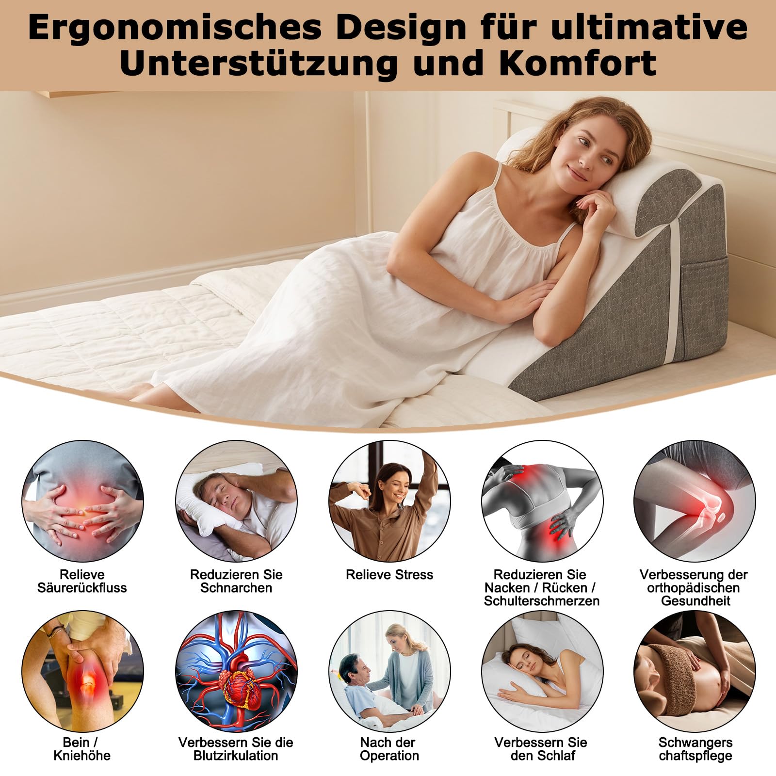 Keilkissen für Bett und Sofa, Schaum Reflux Kissen, Orthopädisches Schlafapnoe Kissen, Dreieckiges Kissen, für Schnarchen, Rückenschmerzen Linderung, Beinhochlagerung, Erholung nach Operationen, Lesen