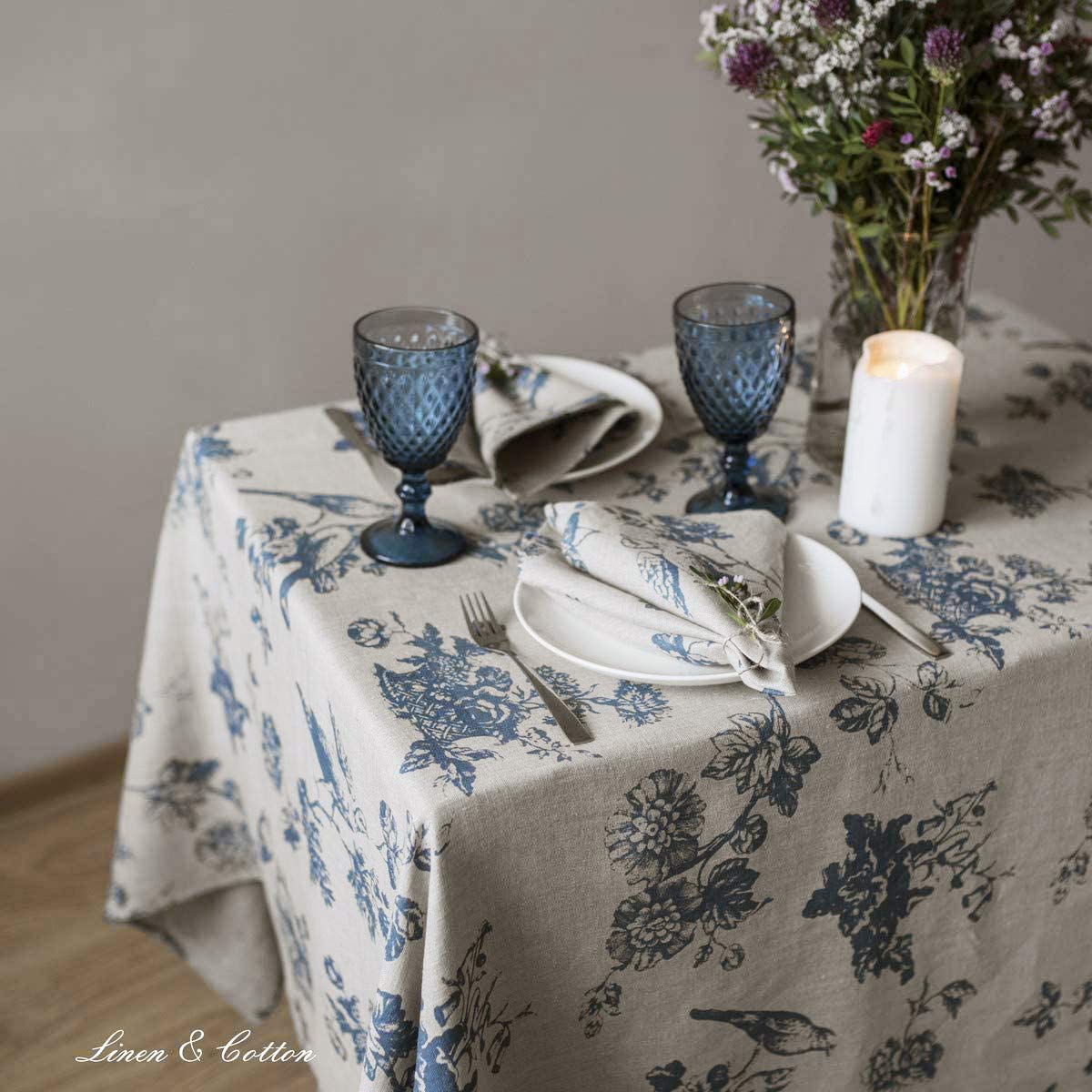 LINEN & COTTON Tovaglia da Tavola Shabby Chic Flores Motivo Floreale -100% Lino, Beige Blu (140 x 300 cm) Tovaglia di Stoffa Rettangolare Grande Lunga 3 Metri per Cucina Tavolo da Pranzo Soggiorno