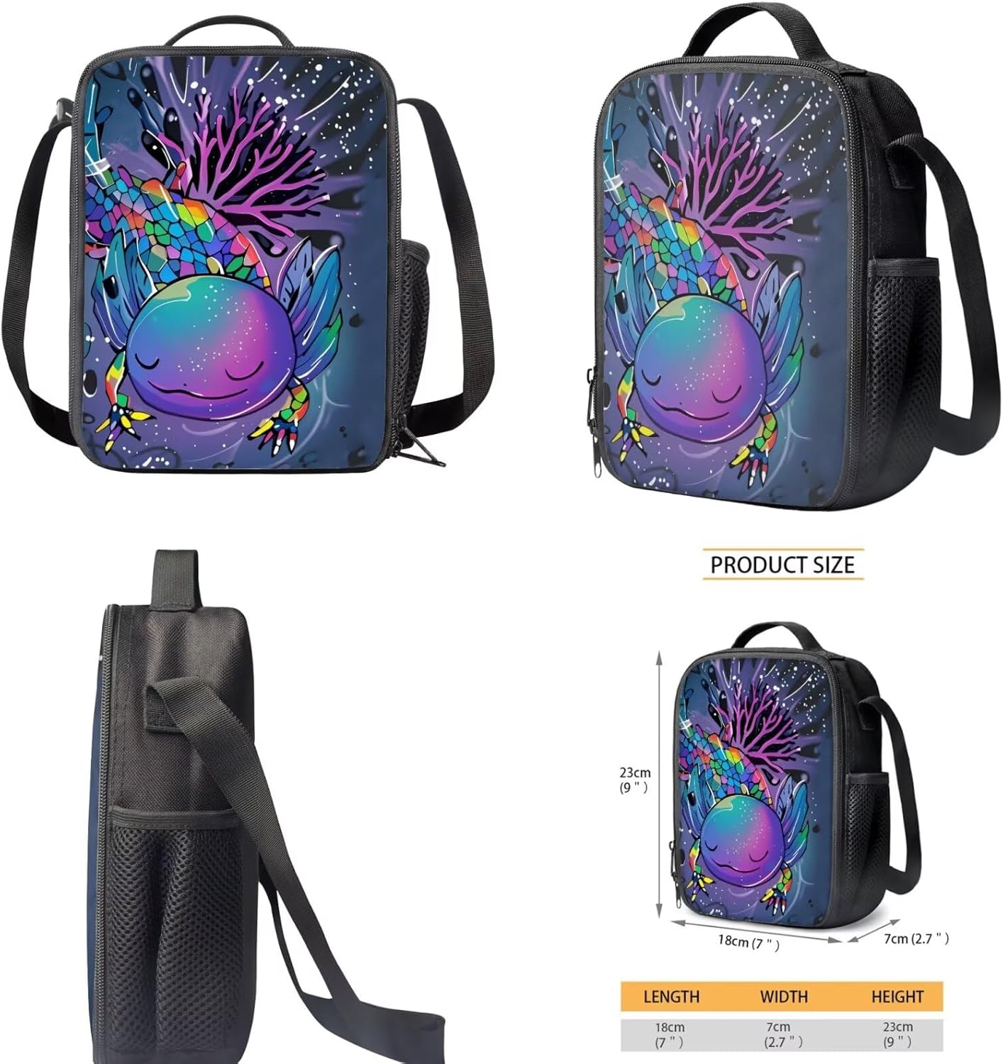 Axolotl Backpack with Lunch Box Set for Girls 6-8 Rainbow Kids Bookbags for 1st Grade Elementary School Book Bag 3 in 1 Preschool Schoolbag Lunchbox Pencil Case 17in Student Back Pack