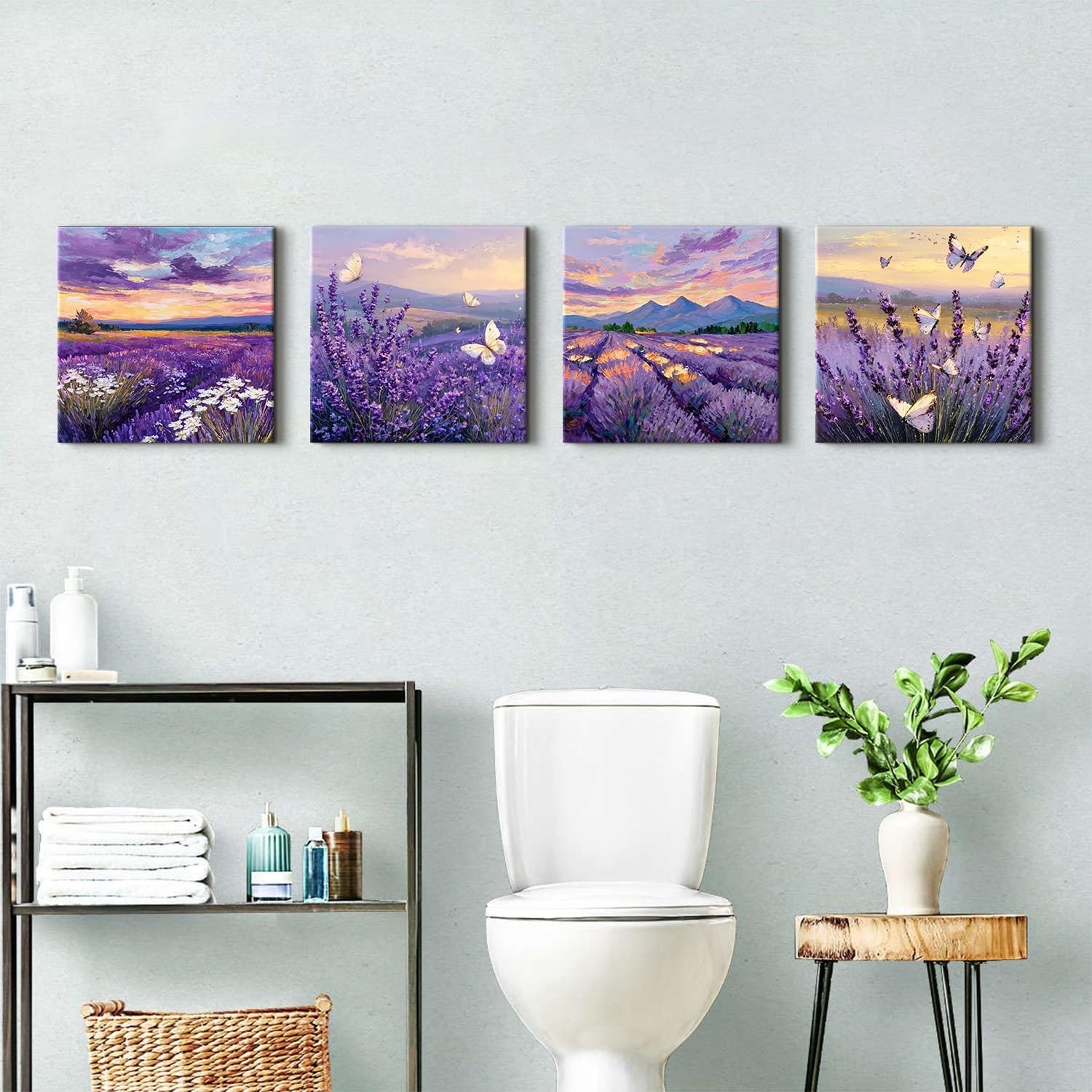 Purple Lavender Wall Art Bedroom Wall Decor Abstract Butterfly Scenery Pictures for Living Room Watercolor Sunset Forest Paintings Canvas Prints Mountain Posters Artwork Home Decoration 12x12” 4Pcs