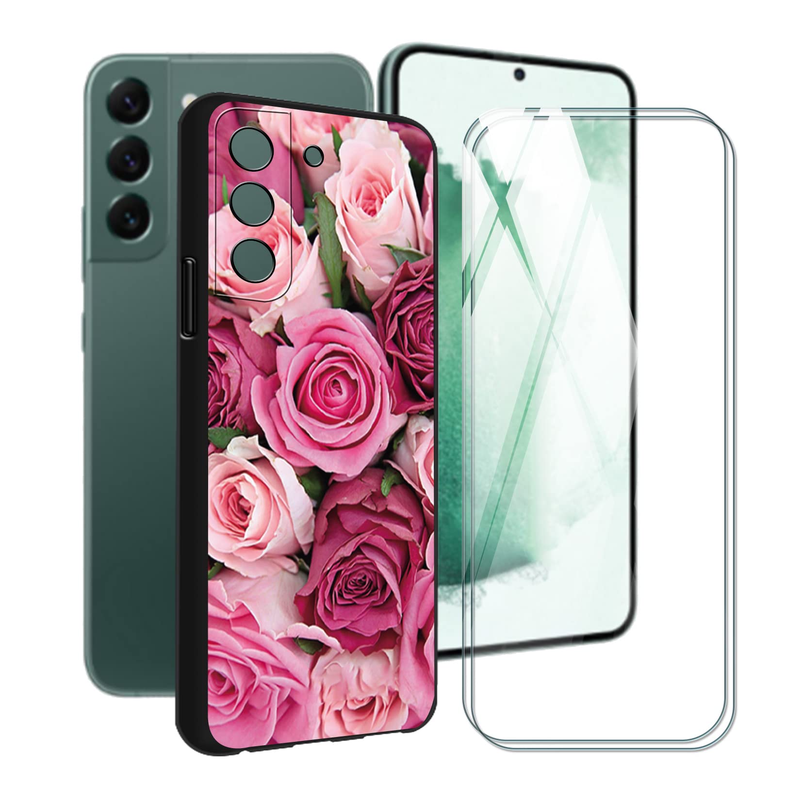 CXKJ Case + [ 2 Pack] Screen Protector for Samsung Galaxy S22 Plus (6.60 inch), Black Silicone Cover Slim Soft Bumper band Tempered Glass Film,9H Hardness Scratch Resistant Glass Film - JX4