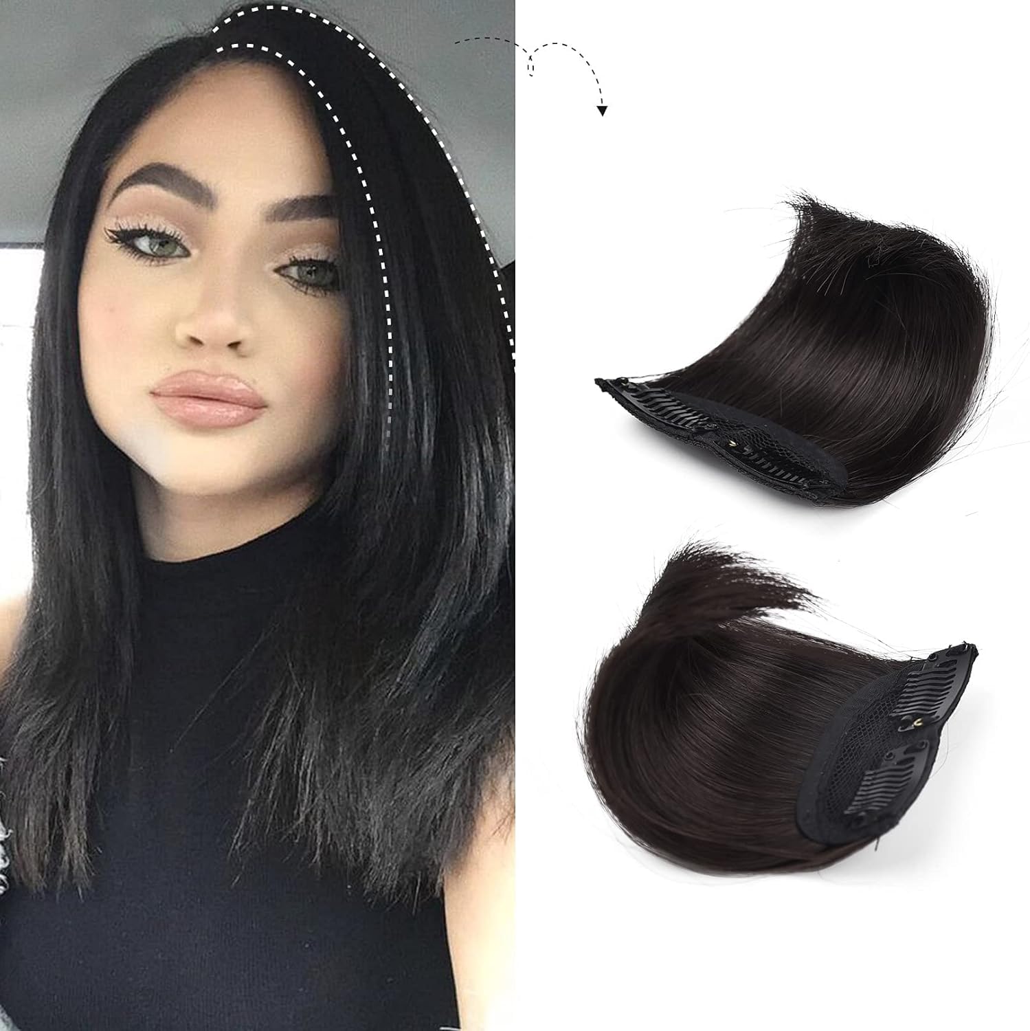 02 PCS Hair Pads, Hair Topper Invisible Seamless Clip in Hair Extension Natural Fluffy Increase Hair Top Side Cover for Women Girls (4inch, Black) (Black CLR HAIR PAD)