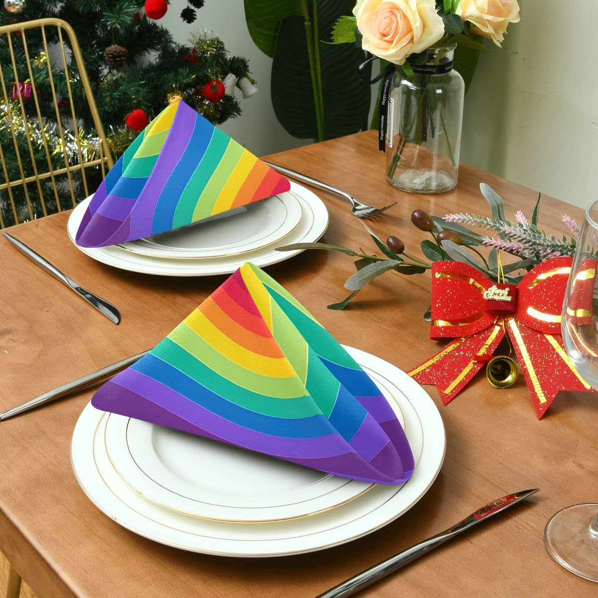 ALAZA Juego de 6 servilletas de tela multicolor a rayas arcoíris para cena, servilletas de mesa reutilizables, tela de poliéster lavable para cóctel, fiesta, vacaciones, boda, decoración del hogar